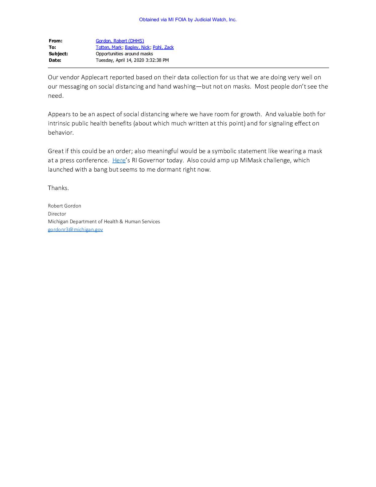 Michigan Health Director Robert Gordon April 2021 pg 522