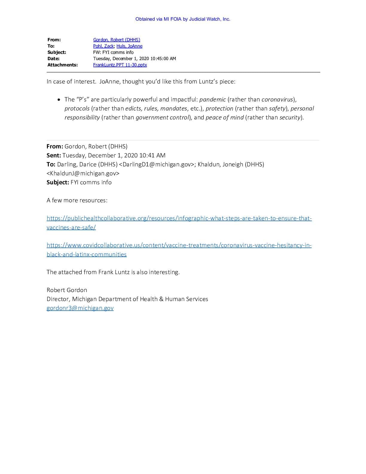 Michigan Health Director Robert Gordon April 2021 pgs 815-869