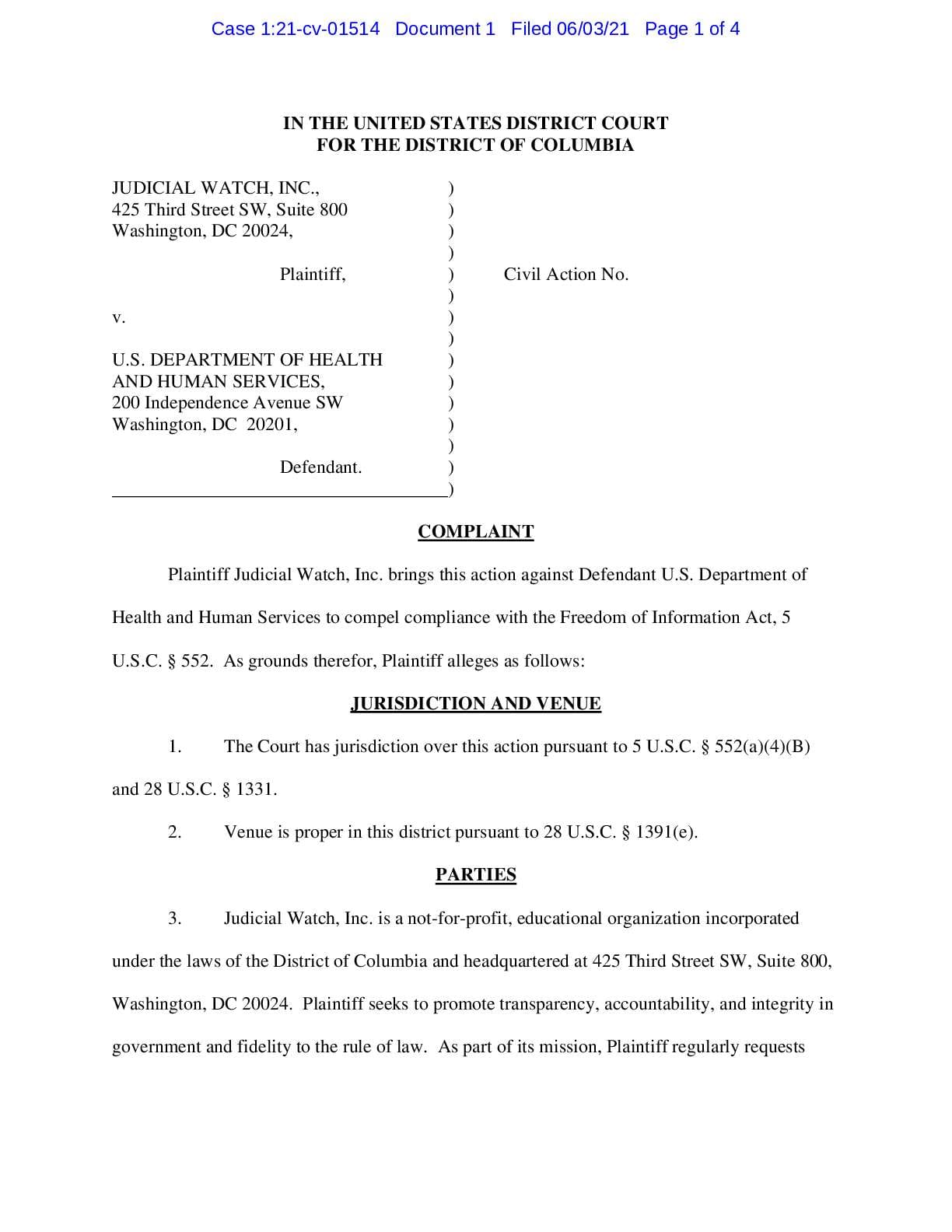JW v HHS Refugee Resettlement complaint 01514