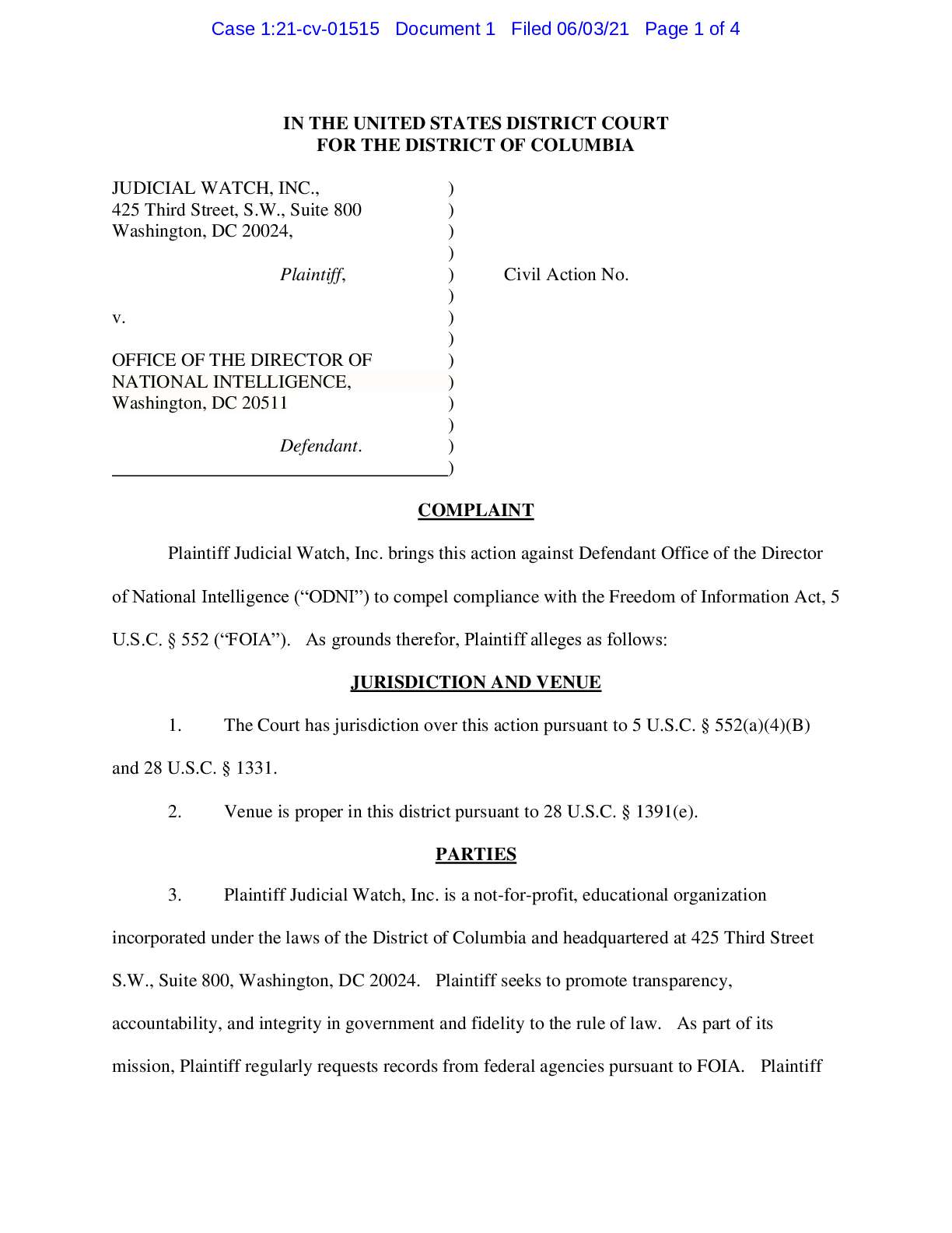 JW v ODNI Wuhan COVID complaint 01515