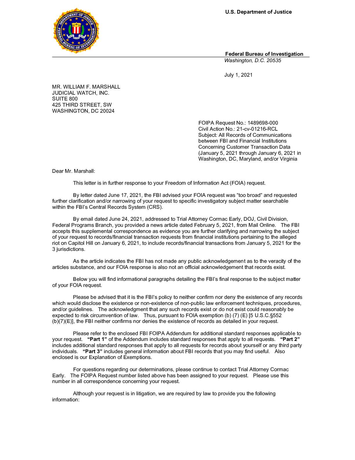 JW v. DOJ Bank Request Jan 6 Glomar 01216