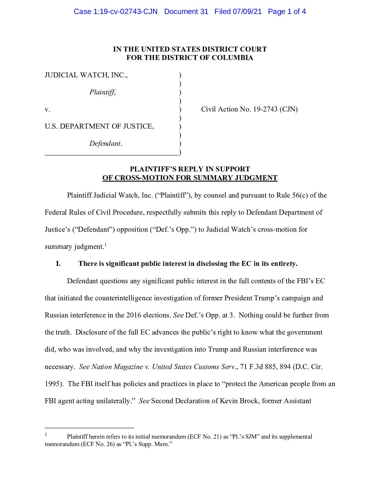 JW v DOJ Crossfire Hurricane cross motion 02743