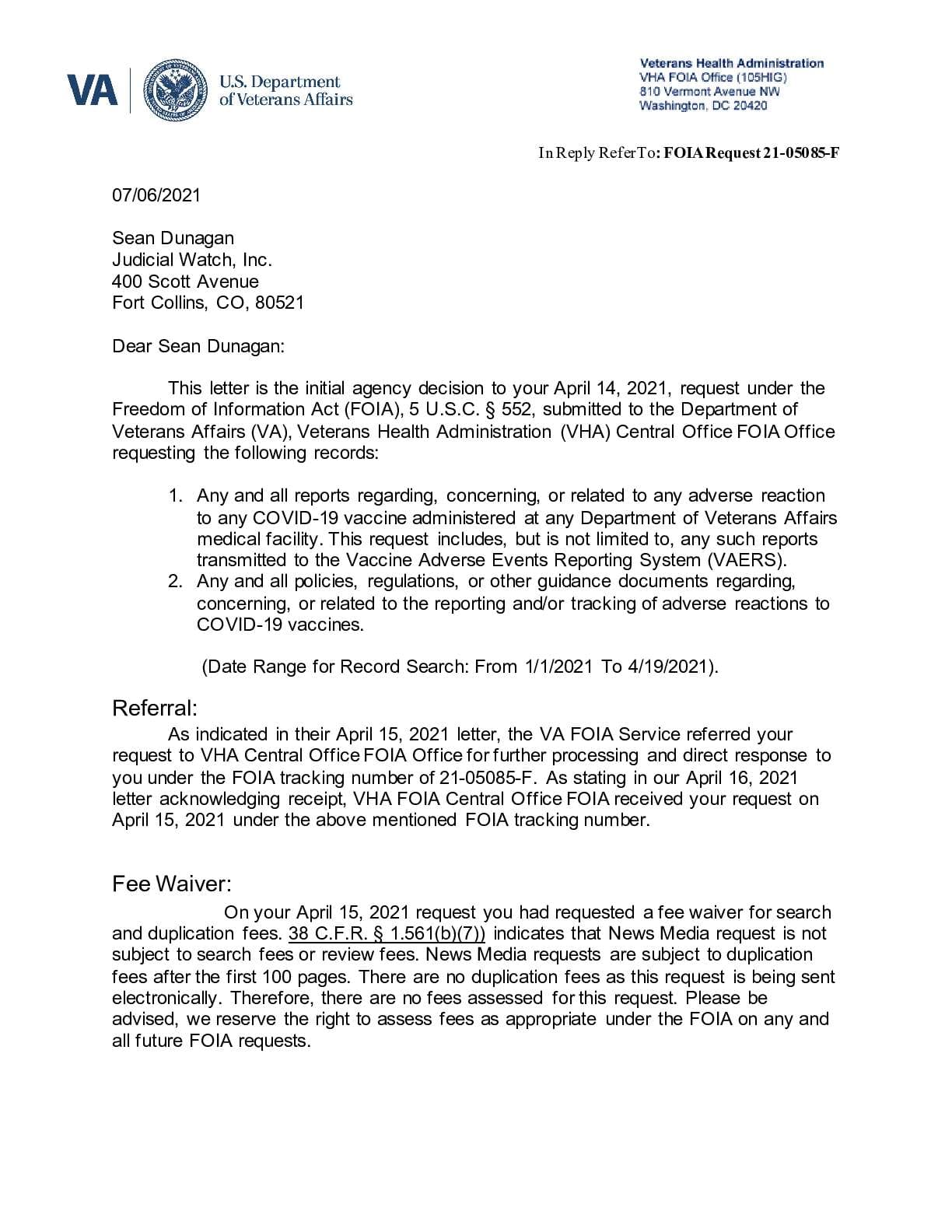 Veterans Affairs COVID July 2021 FOIA pgs 1-5
