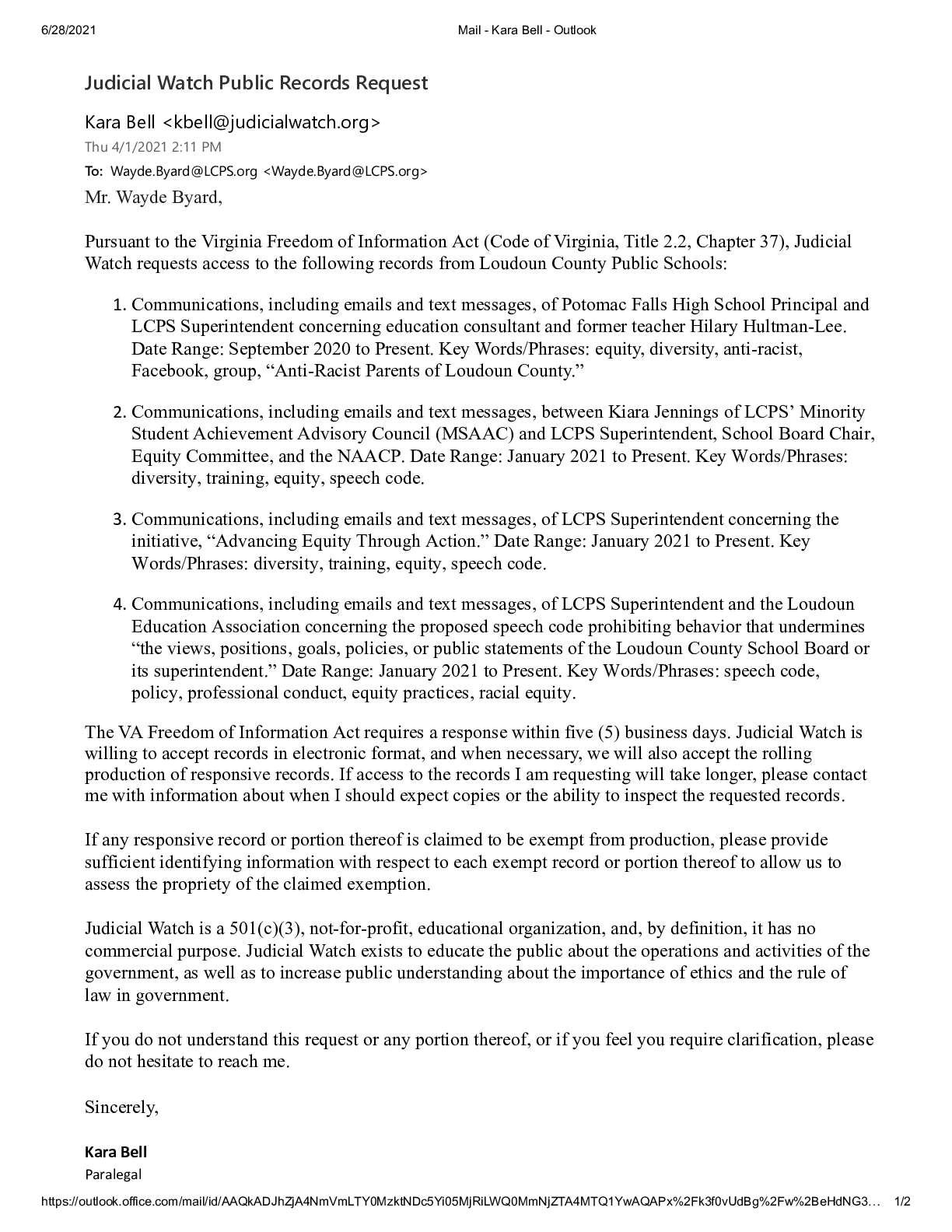 Loudoun County Records April 2021 request