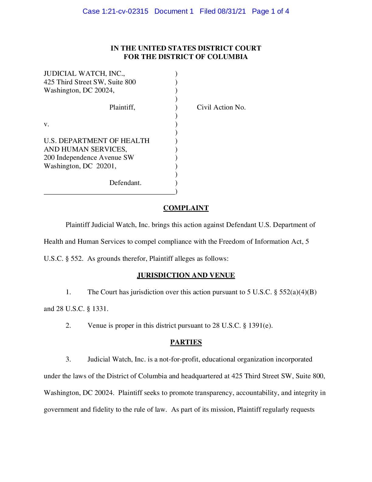 .JW v HHS COVID Community Corps complaint 02315