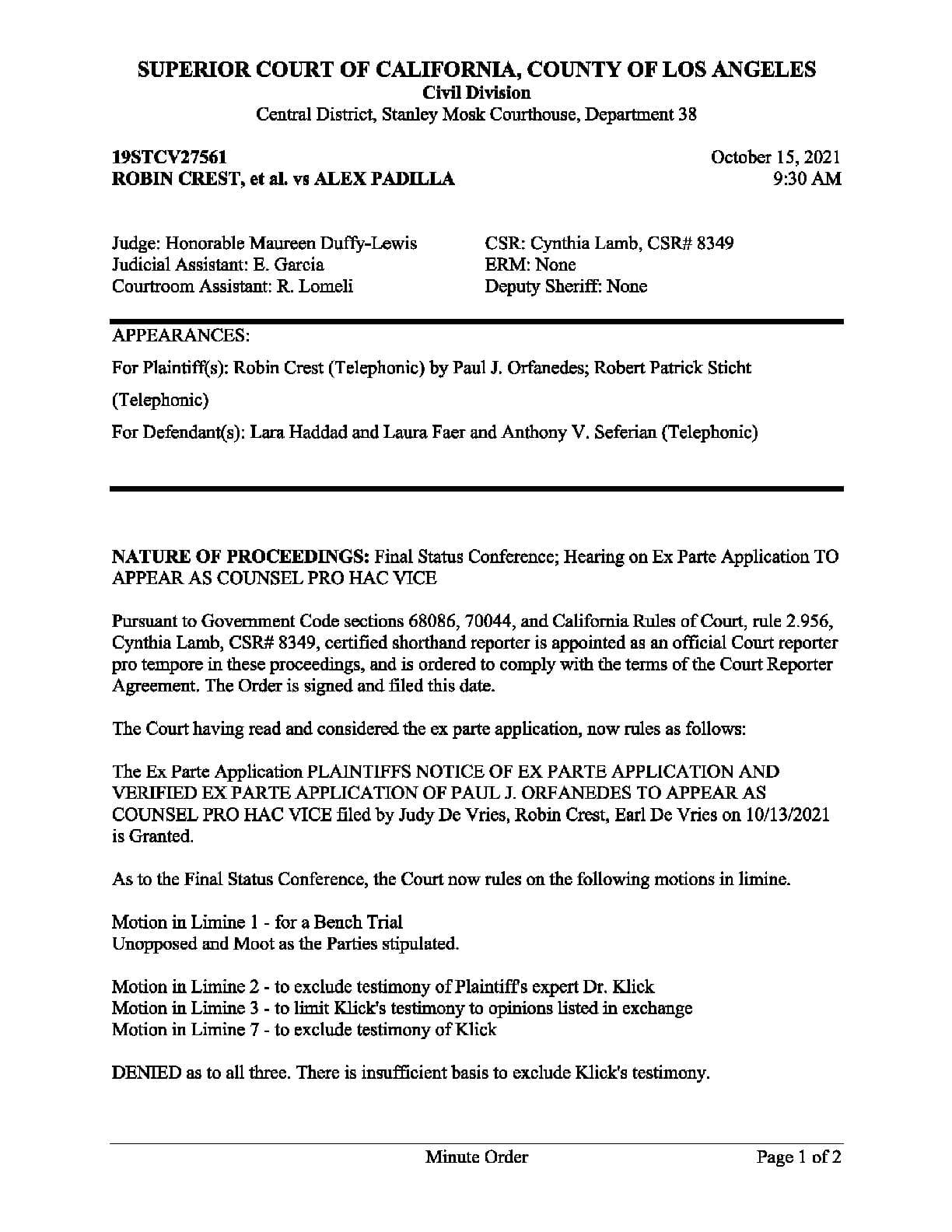 Crest v Padilla December 2021 hearing order 27561