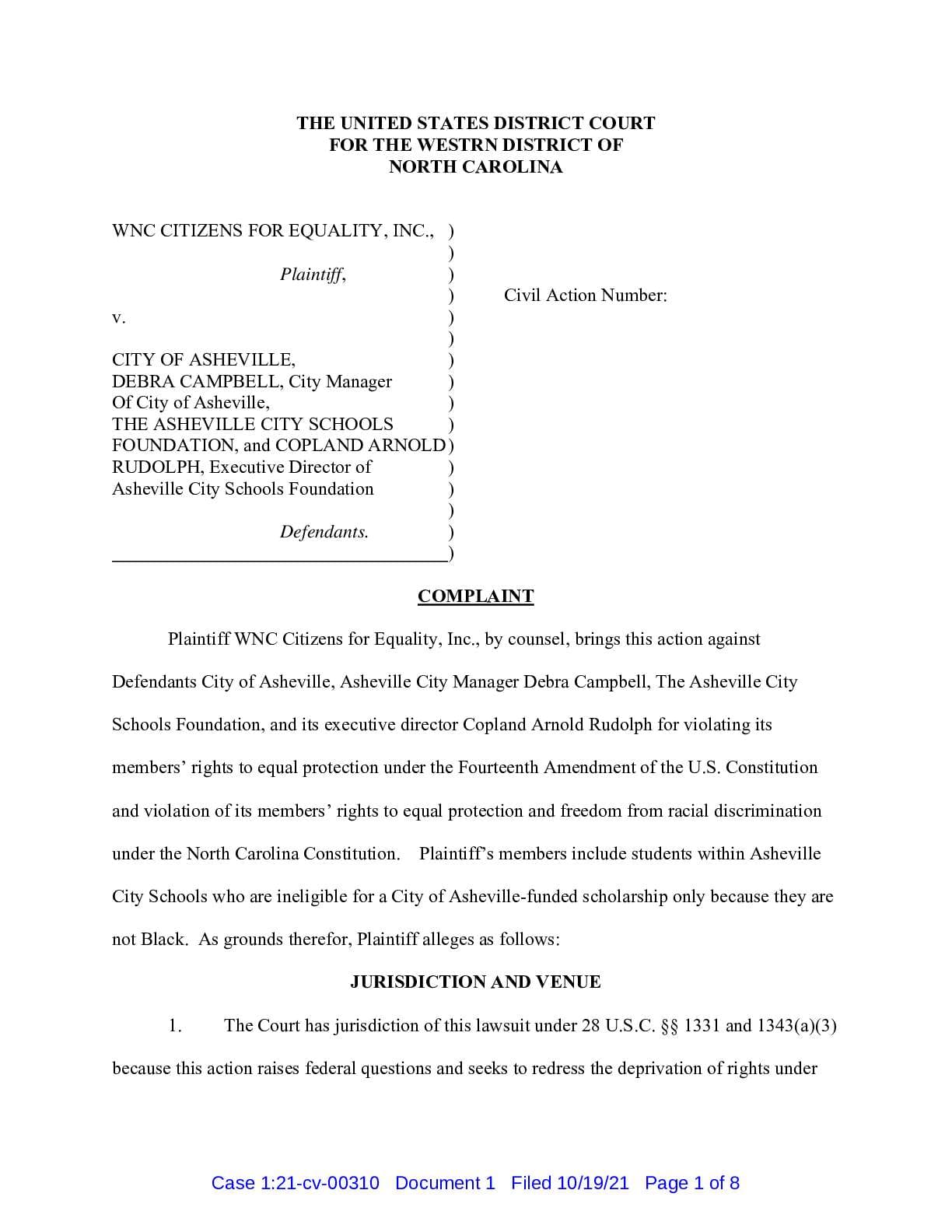 WNC Citizens v. Asheville, NC Complaint 00310