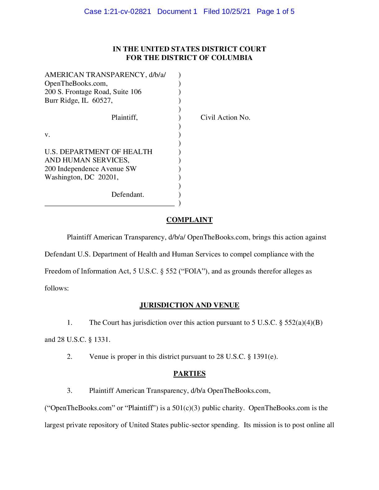 OpenTheBooks.com v HHS Fauci complaint 02821