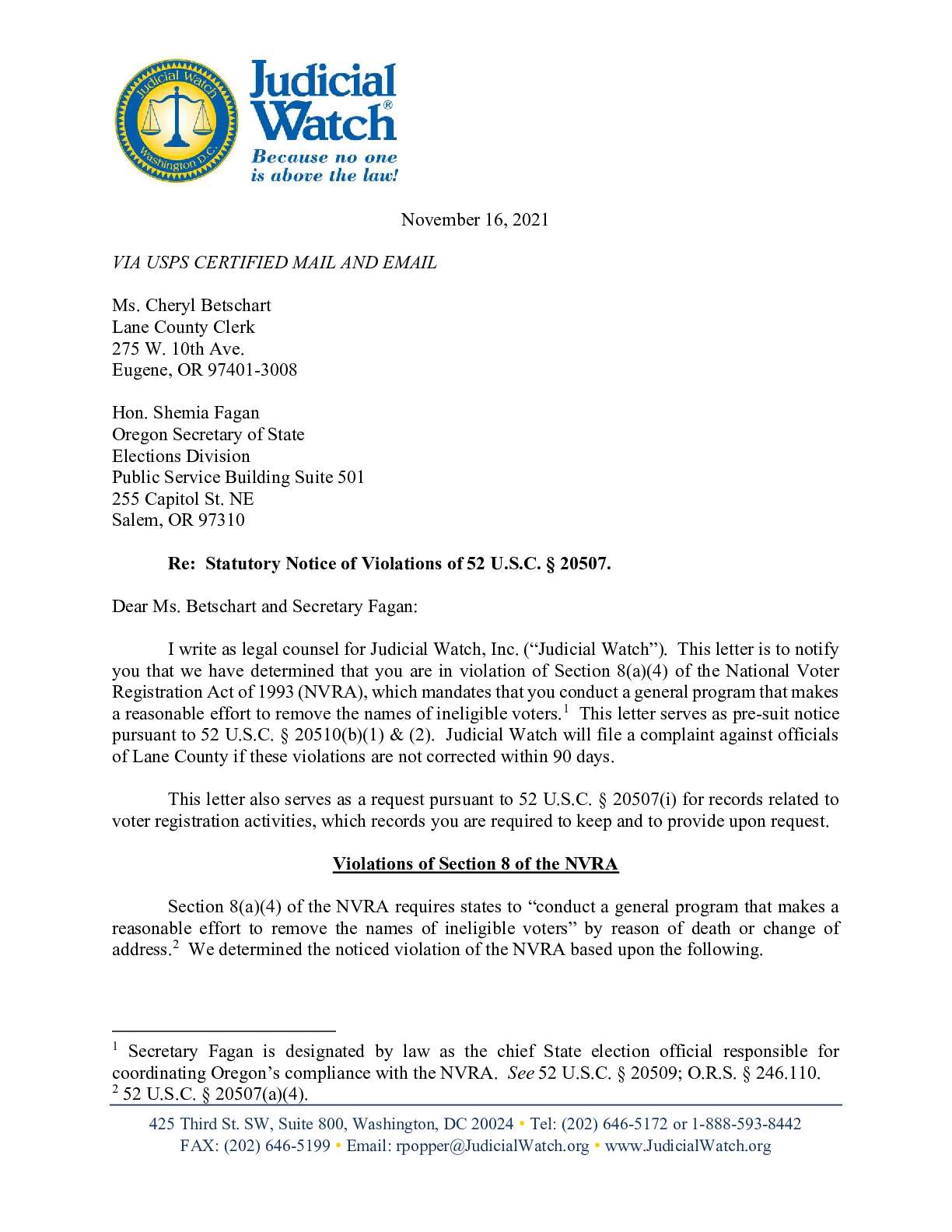 Lane Co. OR November 2021 NVRA letter