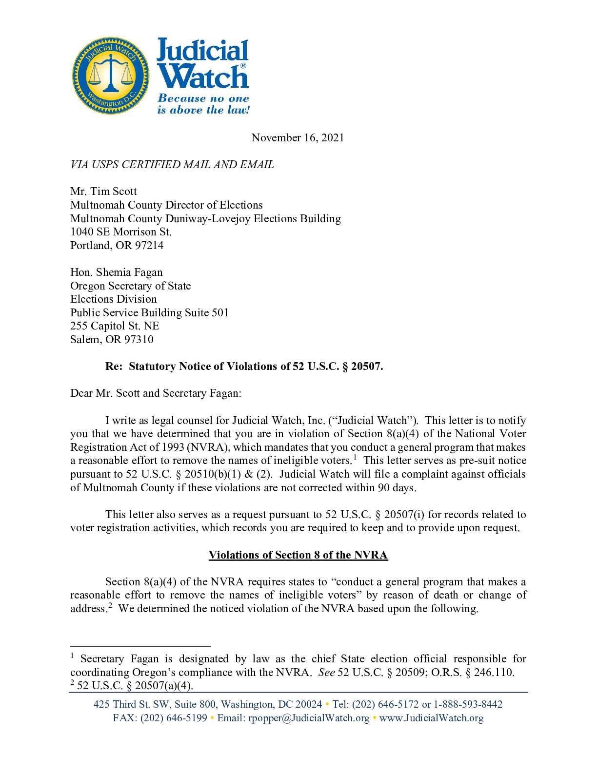Multnomah Co OR November 2021 NVRA letter