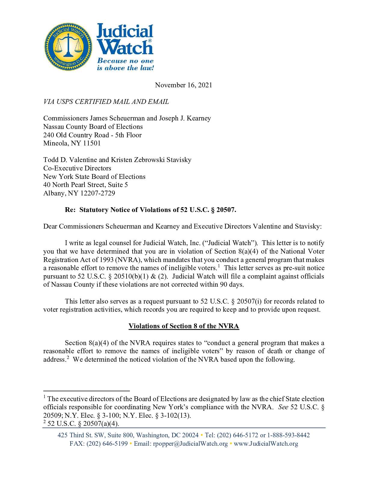 Nassau Co NY November 2021 NVRA letter