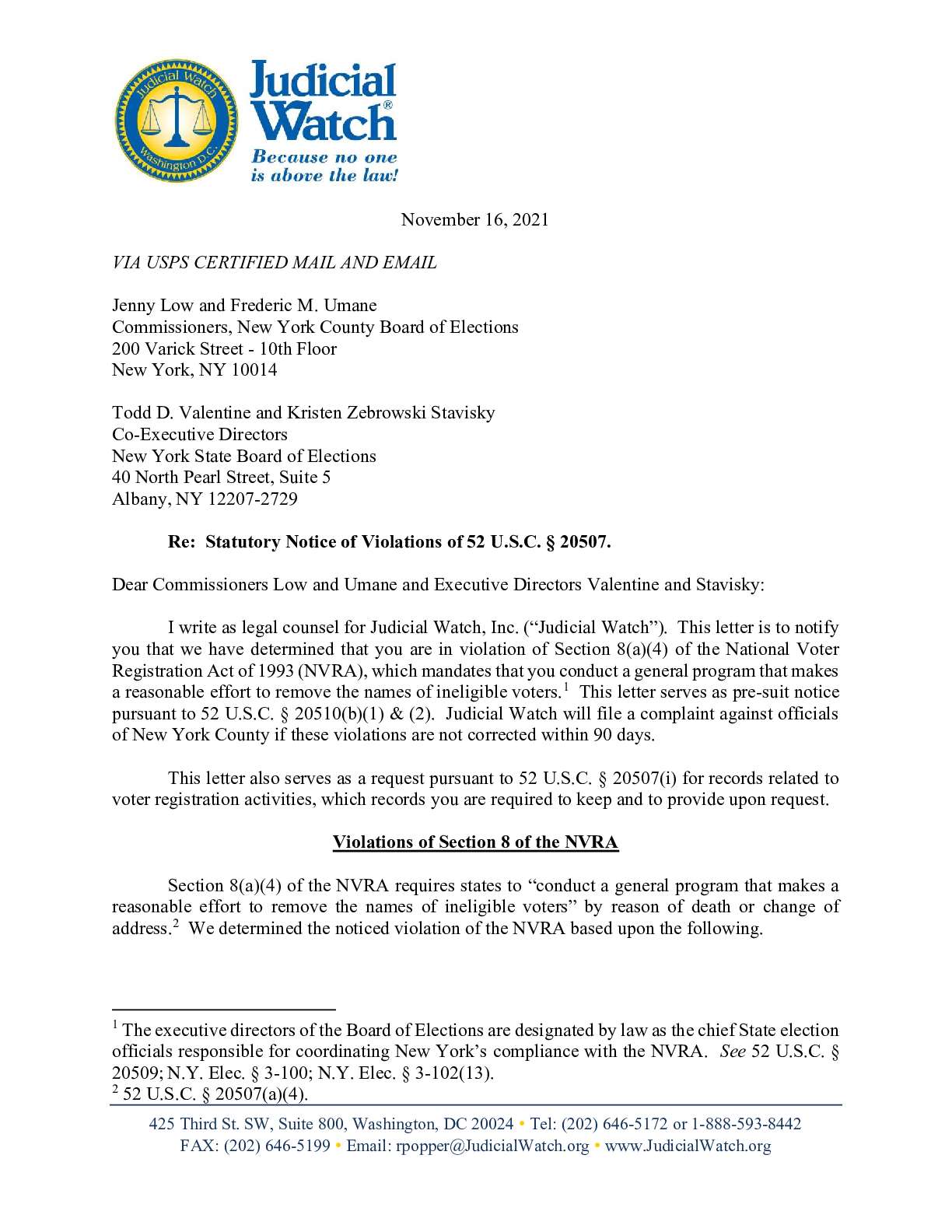 New York Co NY November 2021 NVRA letter