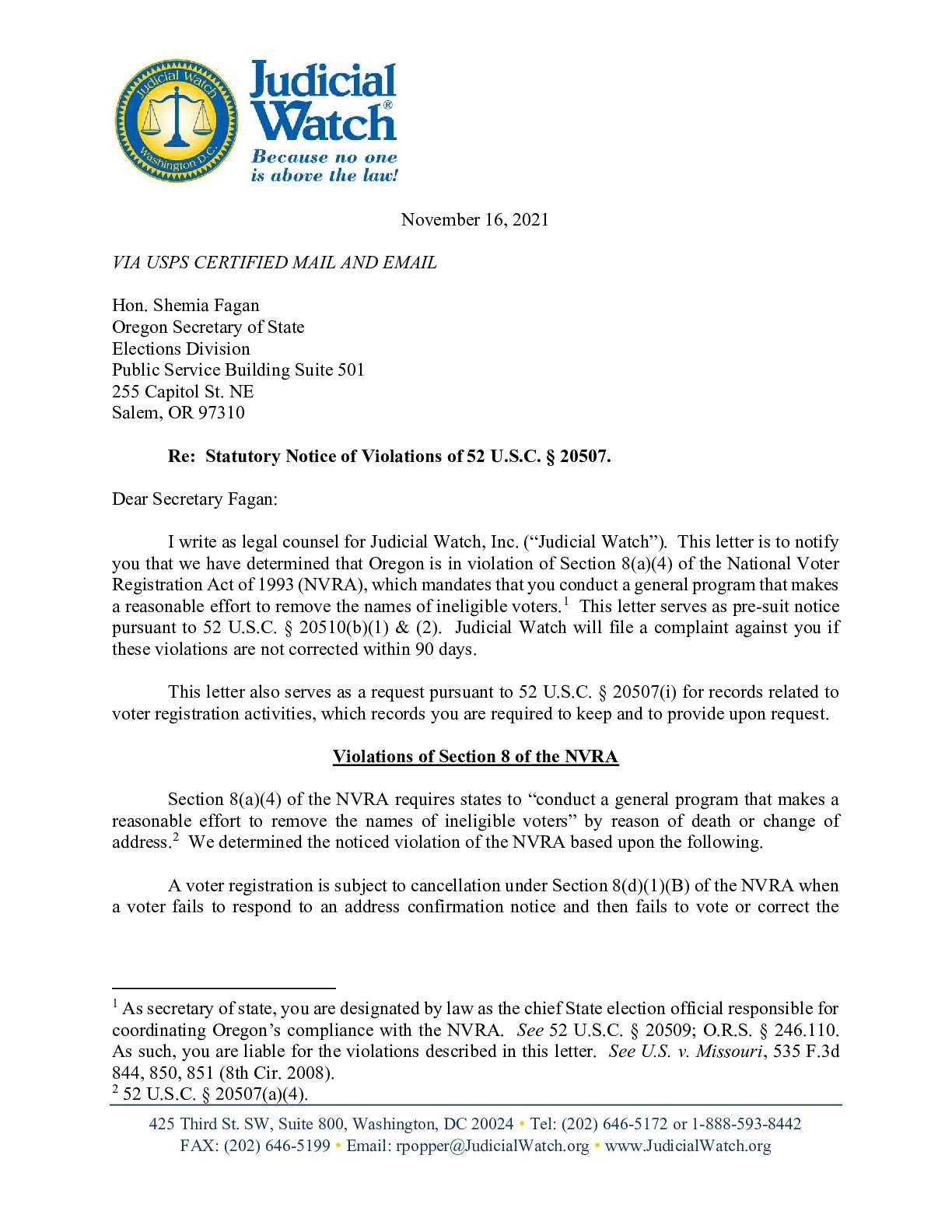 OR CSEO November 2021 NVRA letter