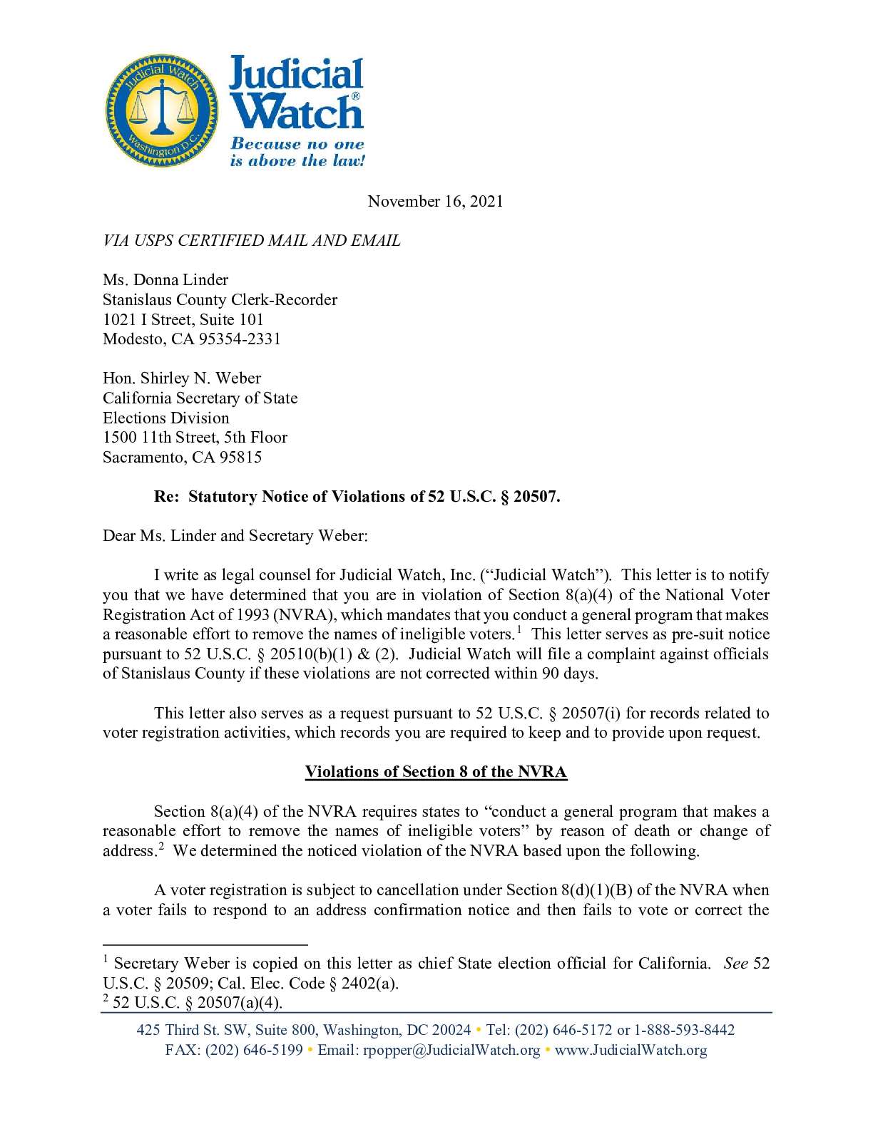 Stanislaus Co CA November 2021 NVRA letter