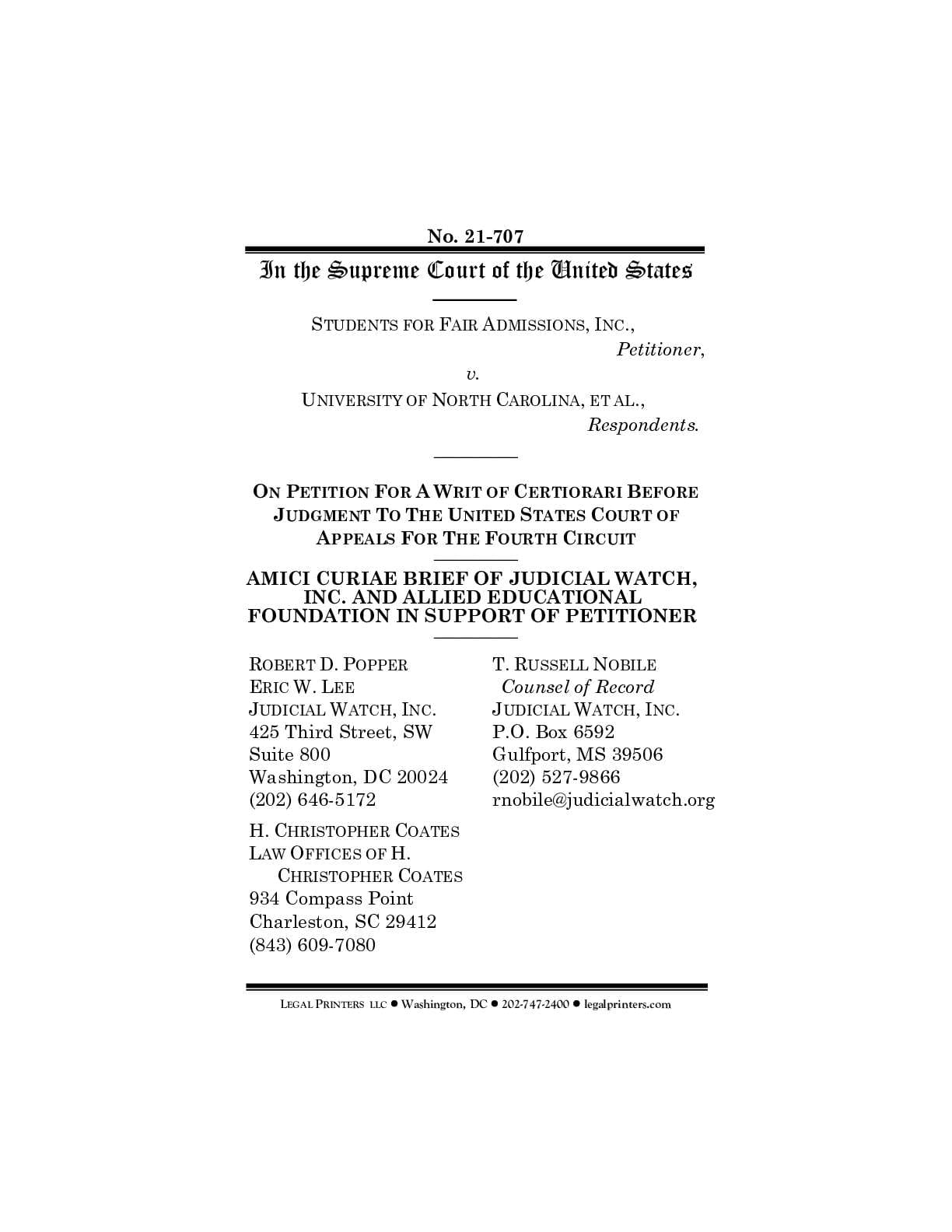 Students for Fair Admissions v UNC Cert Amici 707