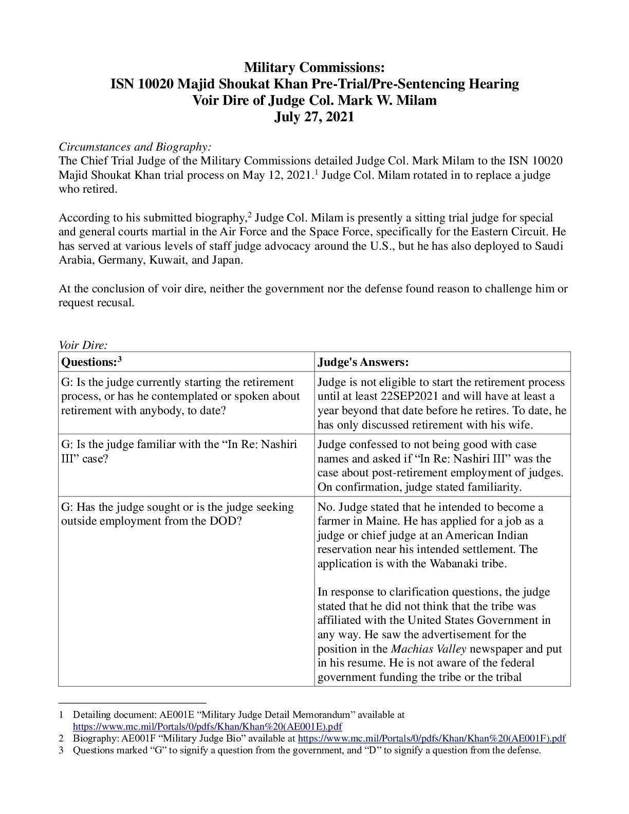 Voir Dire – Judge Col. Mark M. Milam