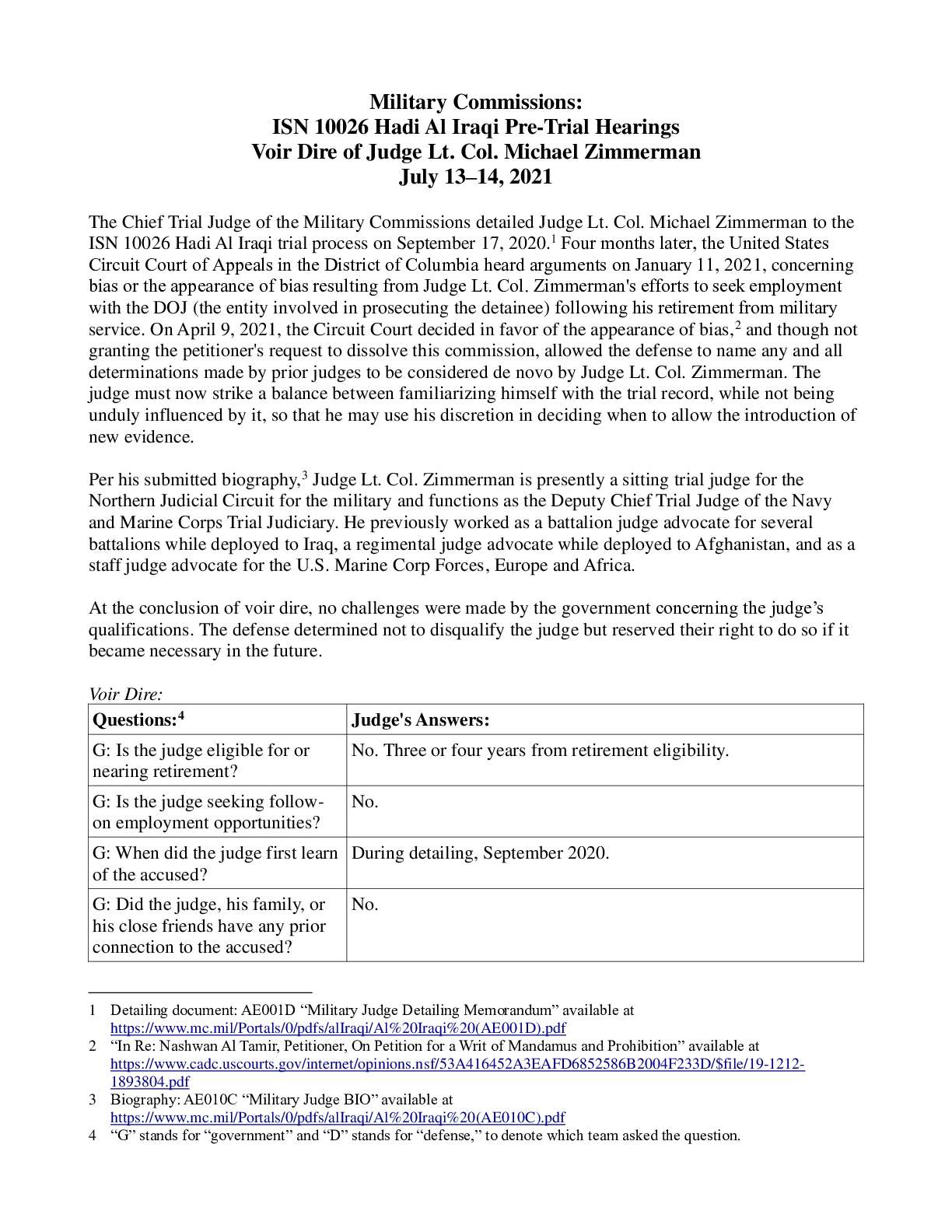 Voir Dire – Lt. Col. Michael Zimmerman