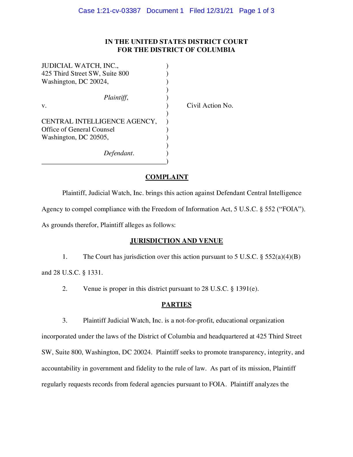 JW v CIA Haspel Milley comms complaint 03387