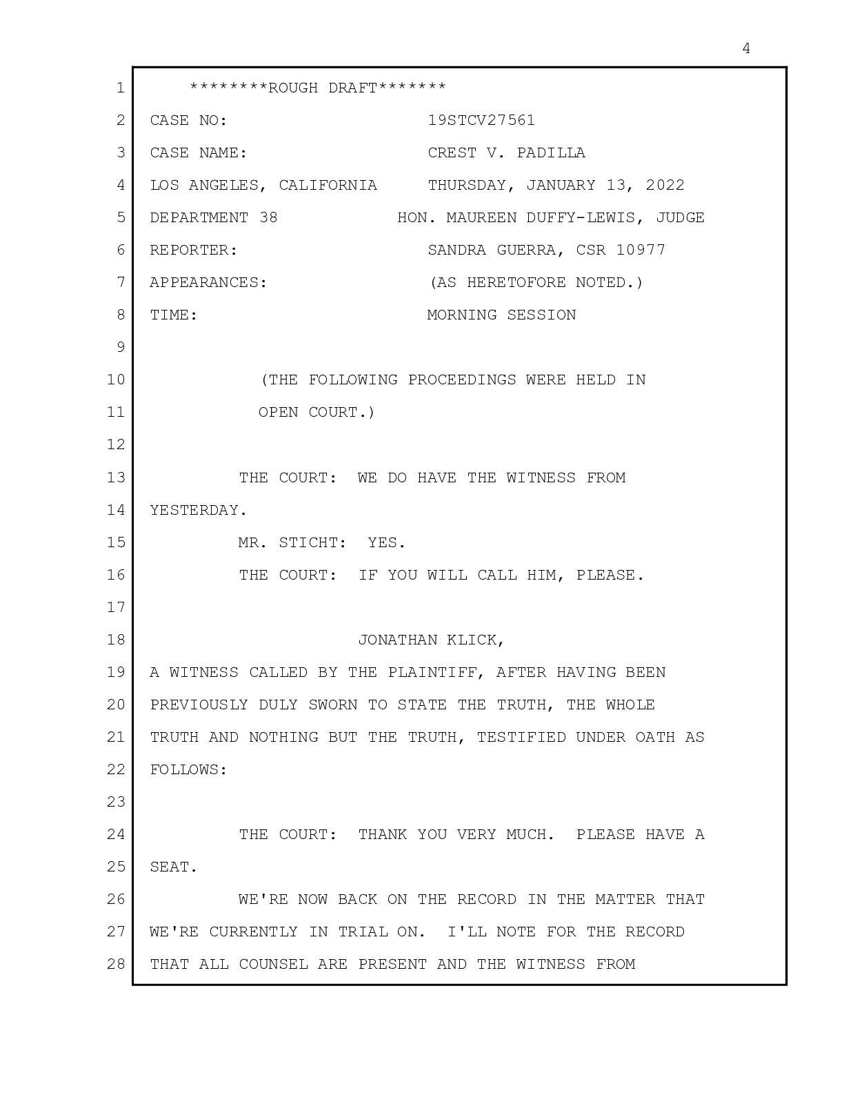 Crest v Weber (formerly Padilla) testimony January 13 2022 19STCV27561