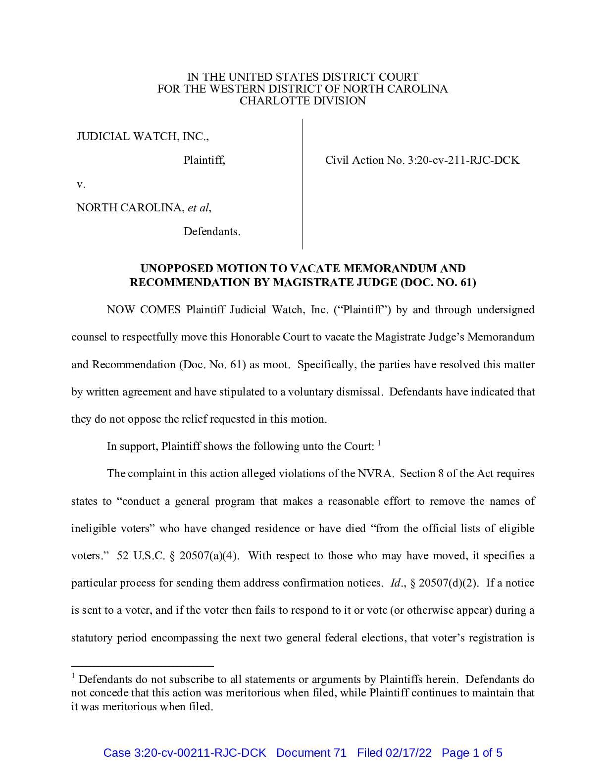 JW v NC et al. NVRA Settlement 211