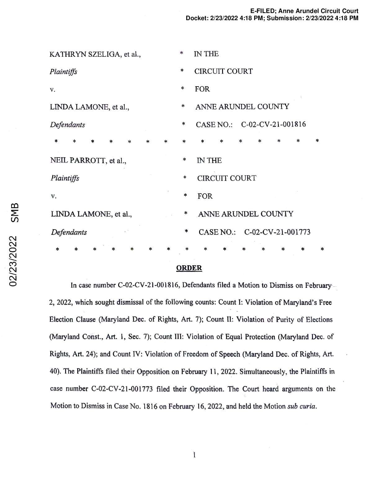 Szeliga v. Lamone Maryland Dissmissal 8683397 001773