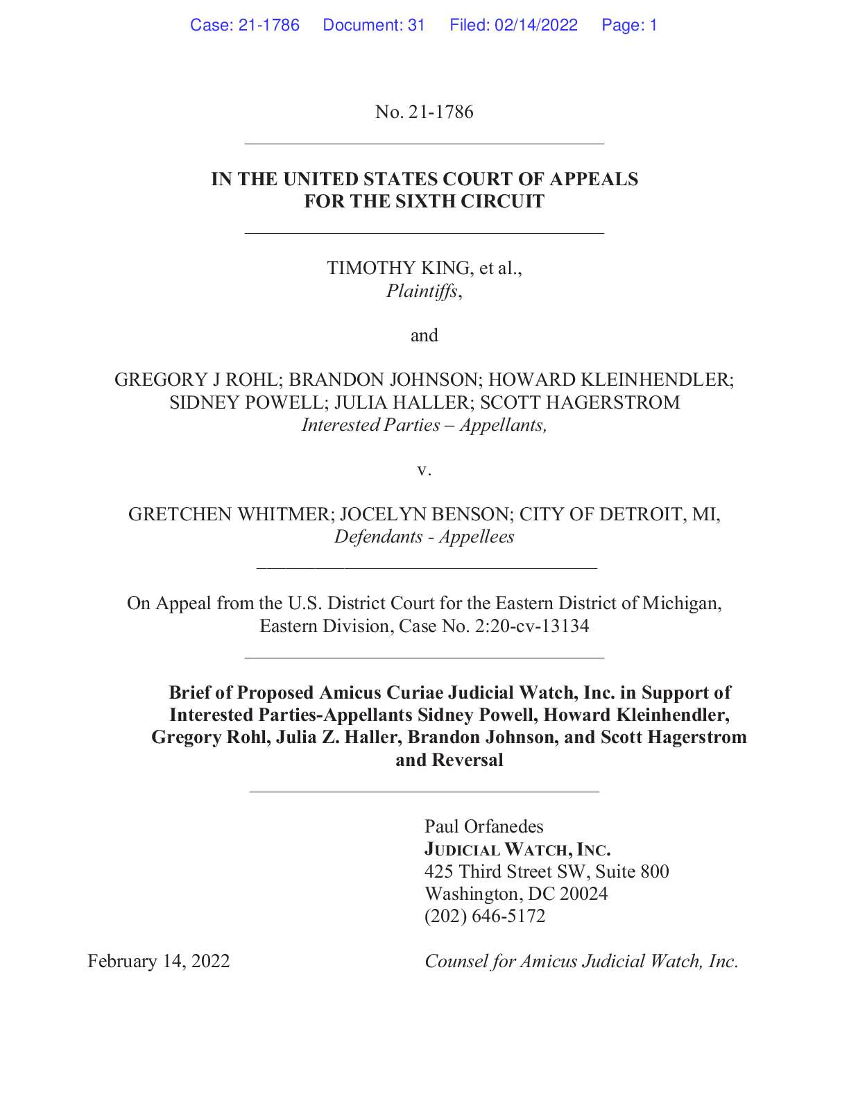 King et al. and Powell v Whitmer et al. amicus 1786