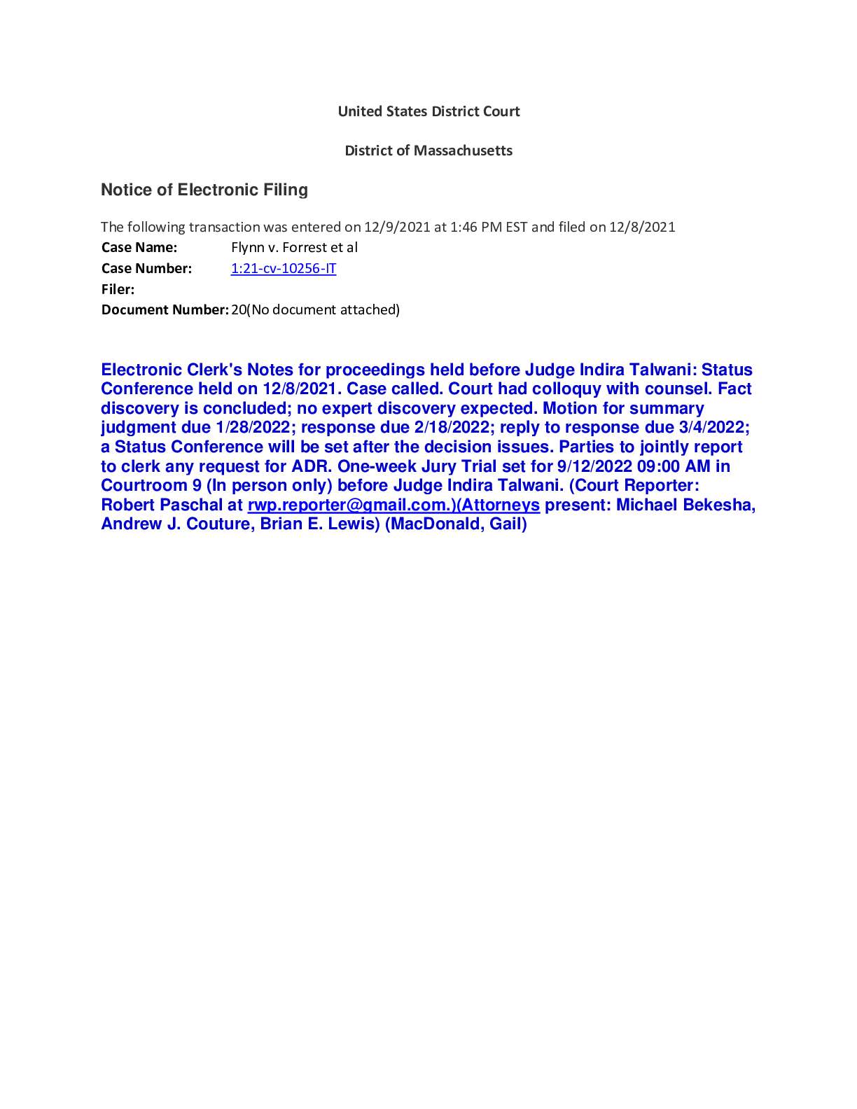 Flynn v. Forrest et al Hearing Order 10256