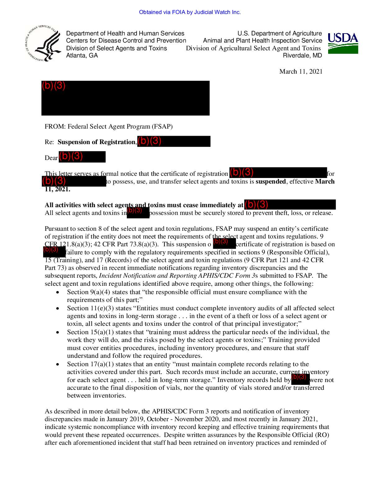 USDA Select Agent Program FOIA April 2022 pgs 1-3