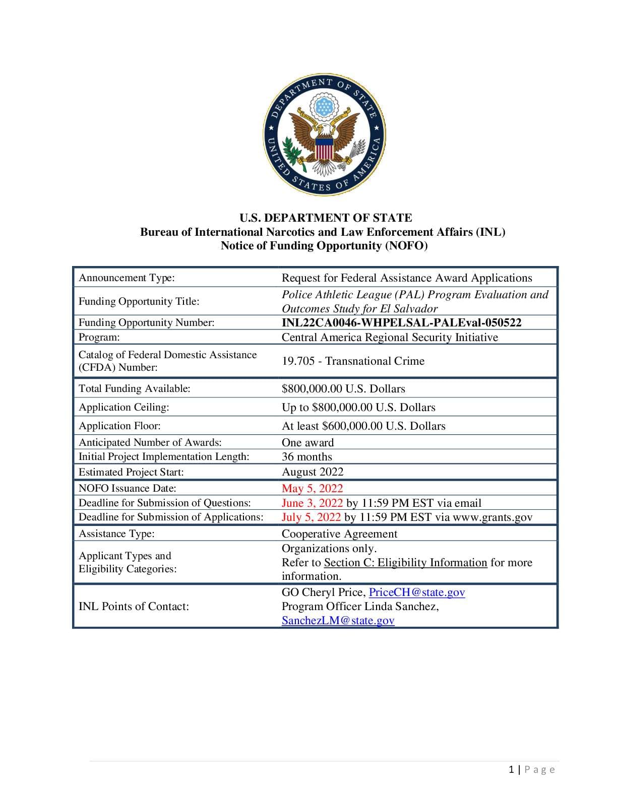 INL NOFO FINAL – PAL El Salvador Impact Study