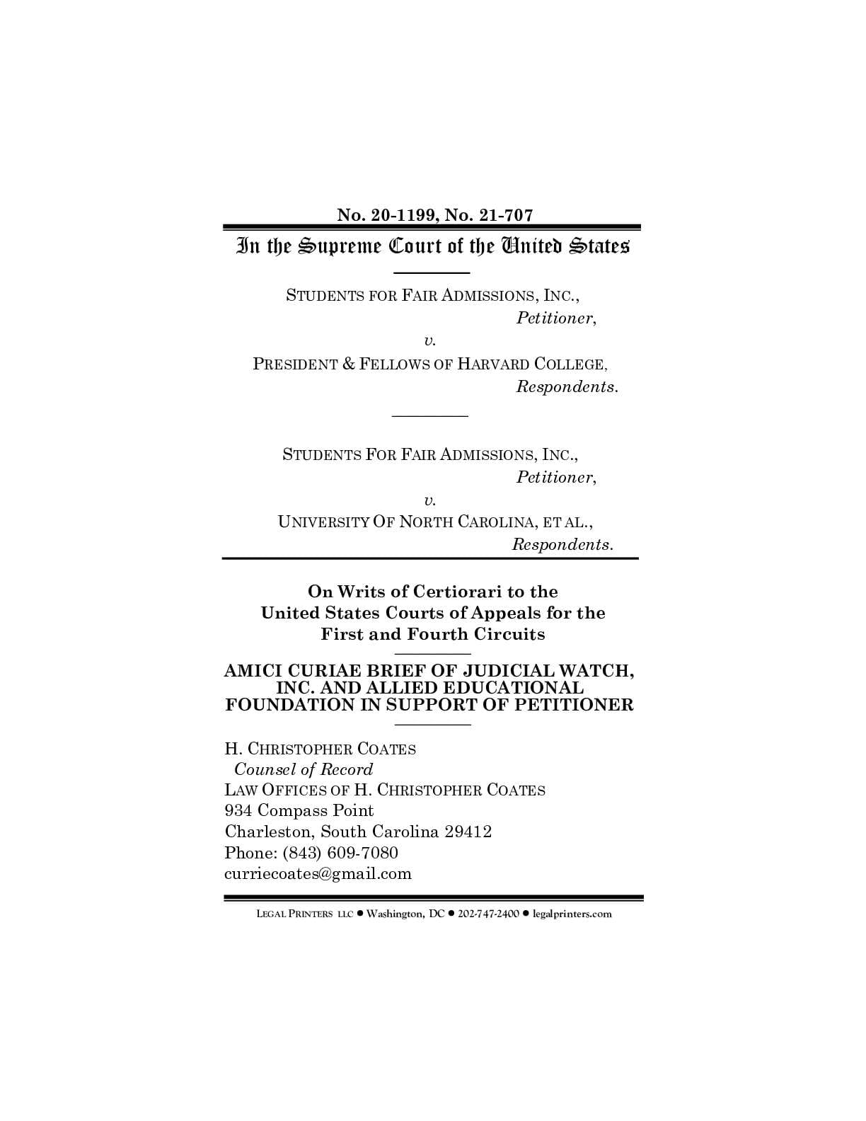 Students v Harvard, NC 21-707 Amicus Brief