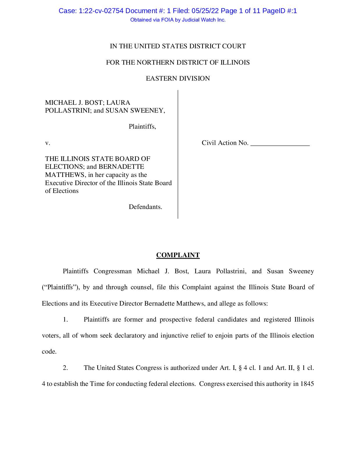 Michael Bost et al. v IL Board of Elections complaint 02754