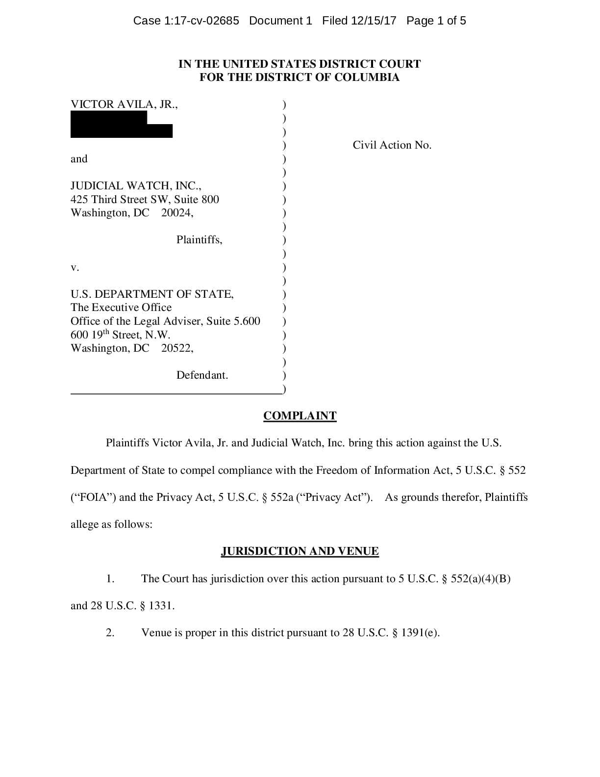 Avila v State Fast and Furious complaint 02685