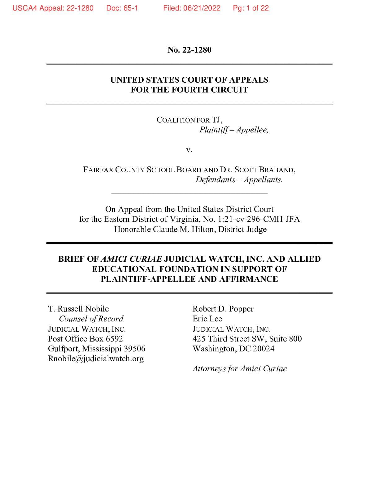 Coalition Thomas Jefferson HS v FFX Co School Board amicus 1280