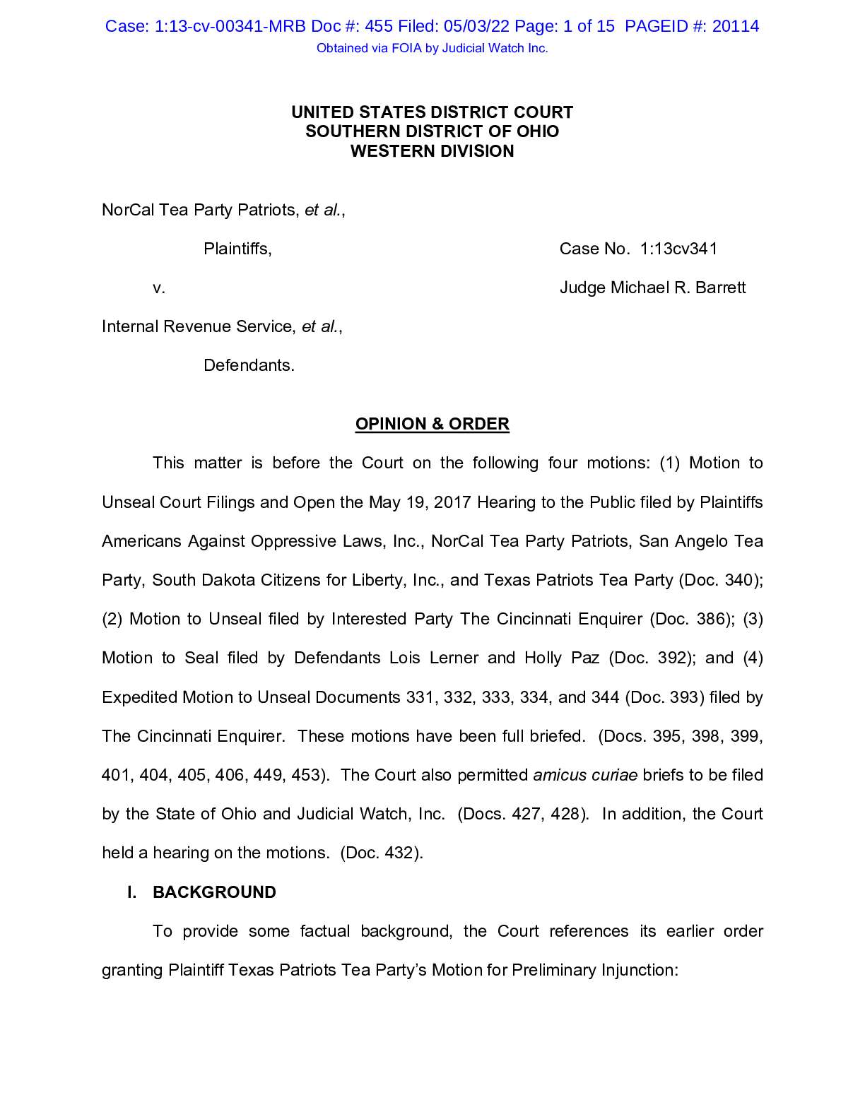 NorCal Tea Party Patriots v. IRS Opinion and Order 00341