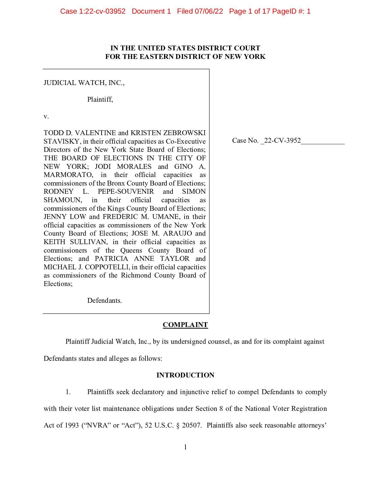 JW v Valentine NY NVRA complaint 03952
