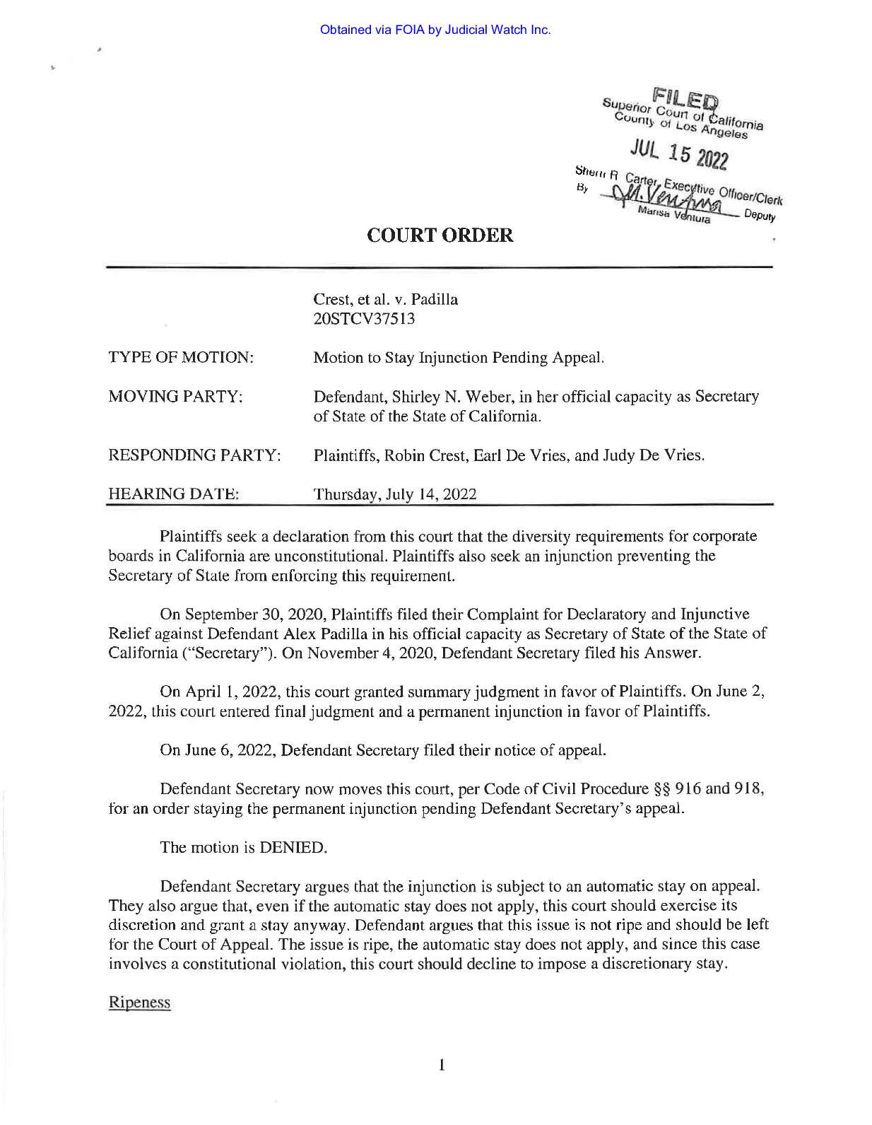 Crest v Padilla Court Order July 2022 37513
