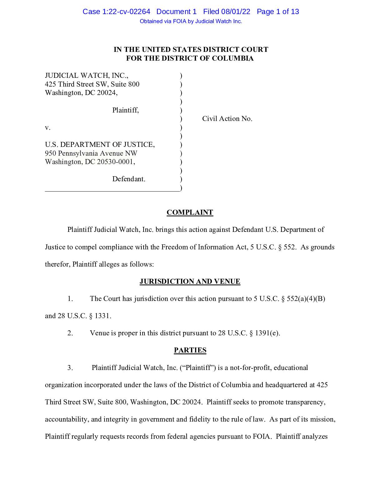 JW v. DOJ Crossfire Hurricane Complaint 02264