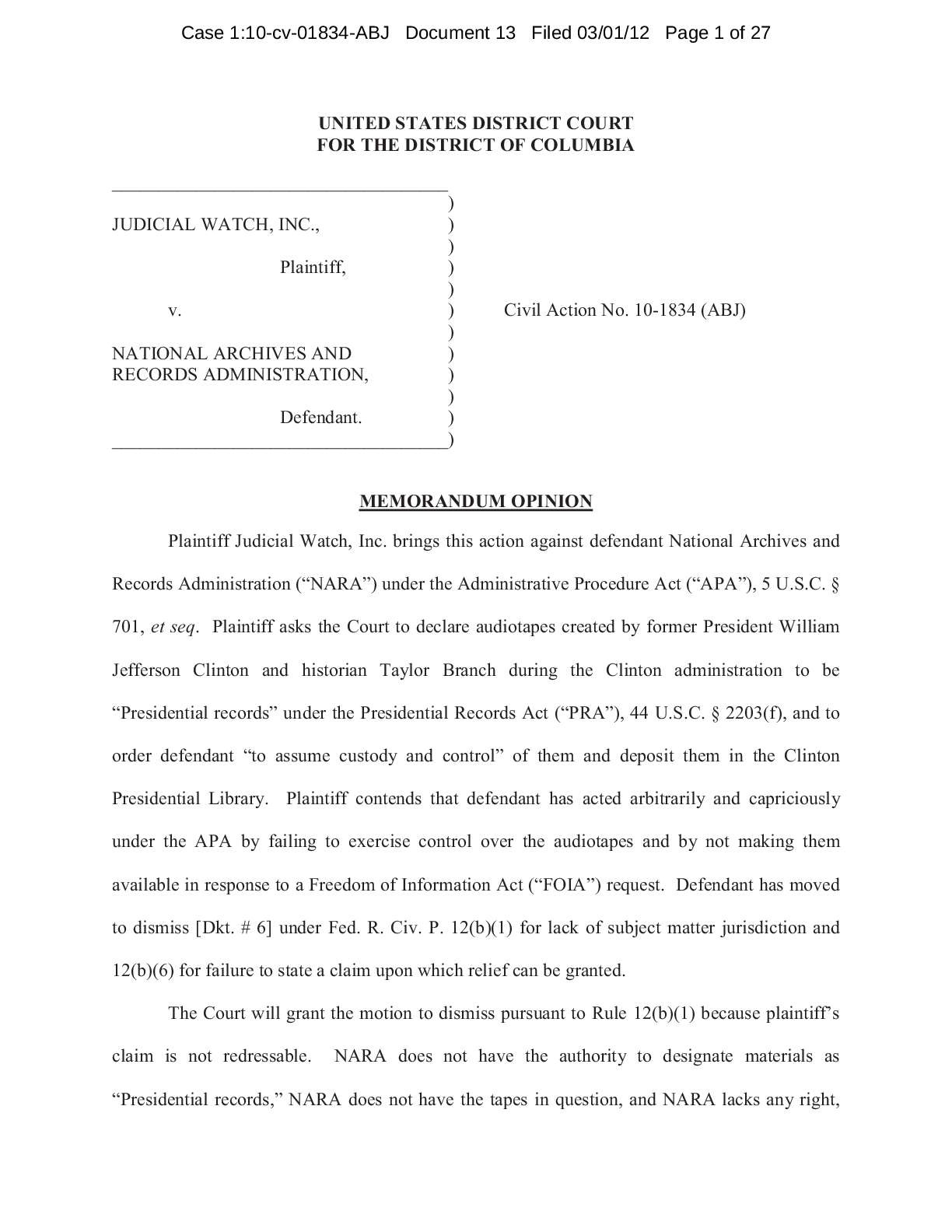 JW v Natl Archives presidential records opinion 2012 01834