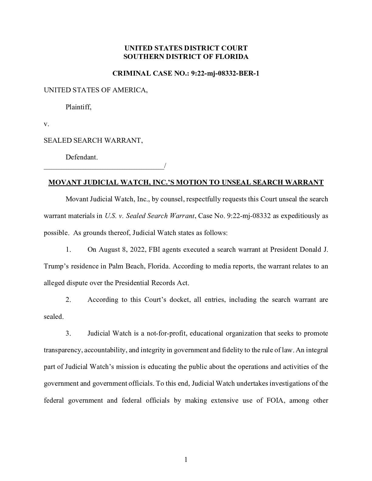 USA v. Sealed Search Warrant JW Motion to Unseal Warrant 08332