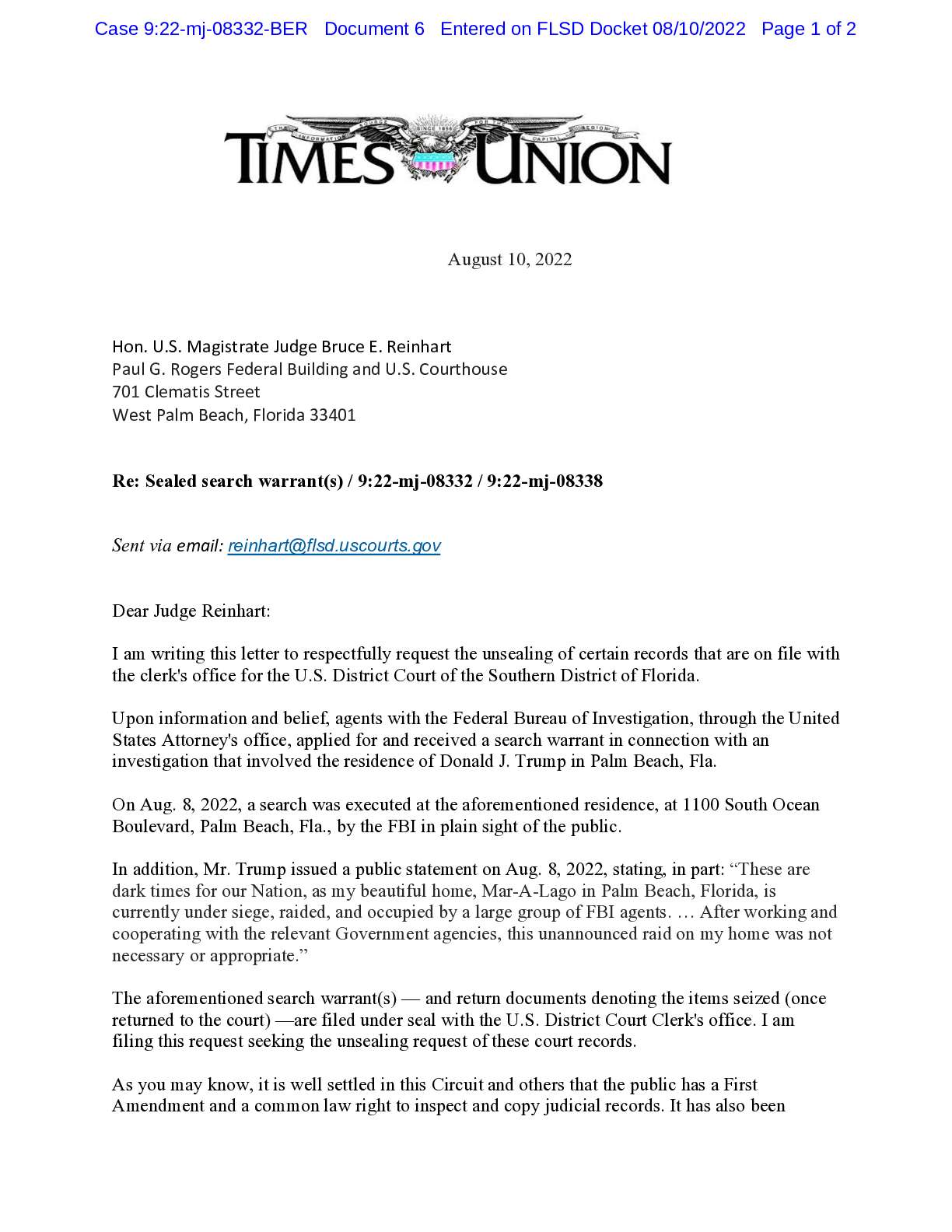 USA v. Sealed Search Warrant Times Union’s Letter August 2022 08332
