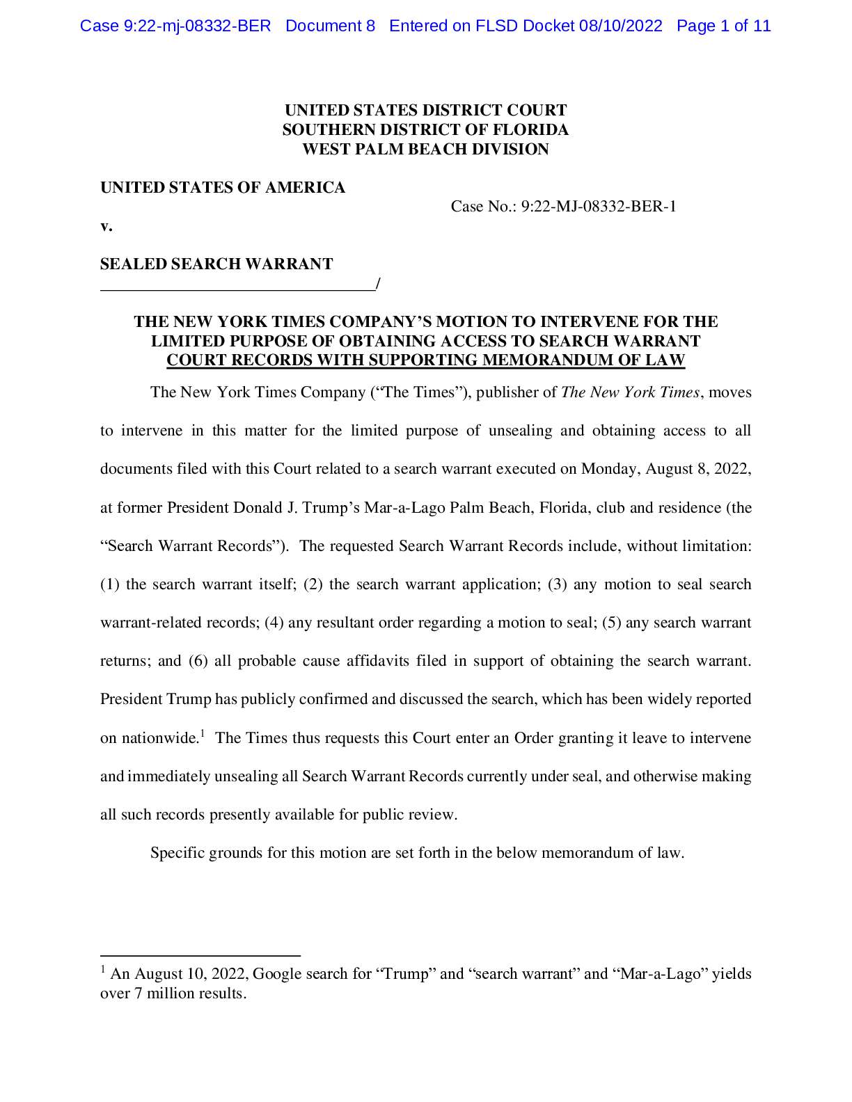 USA v. Sealed Search Warrant NYT’s Motion – August 2022 08332