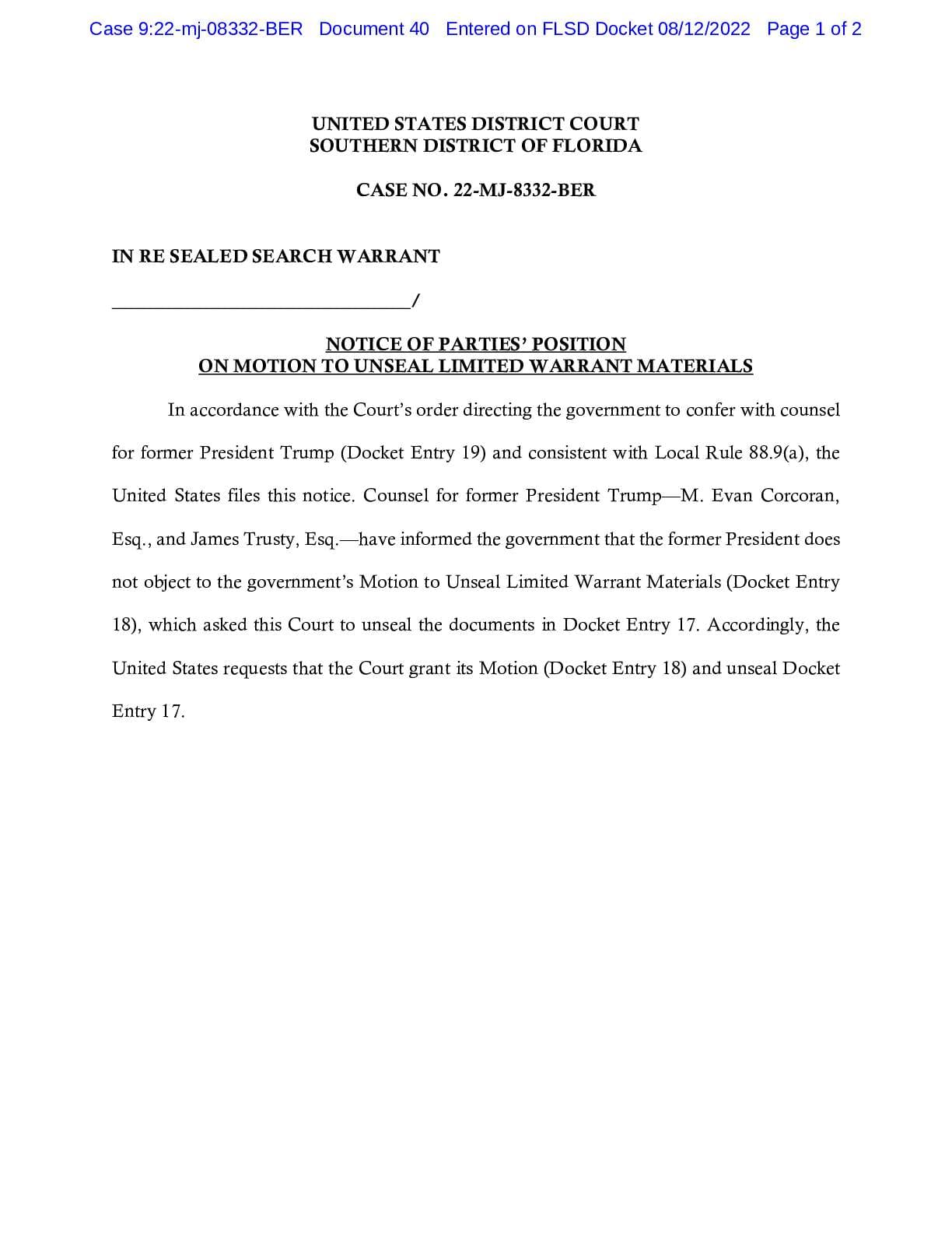USA v. Sealed Search Warrant DOJ Notice to Unseal 08332