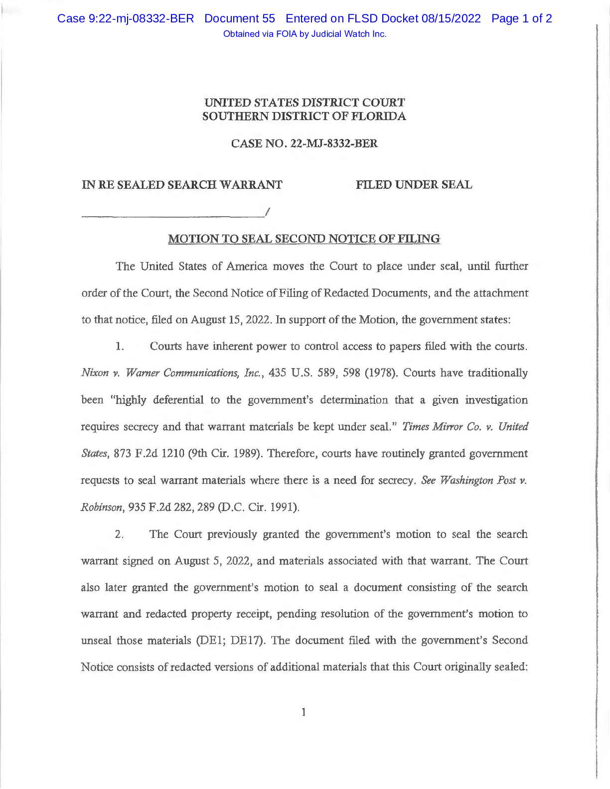 USA v Sealed Search Warrant DOJ Motion doc 55 08332