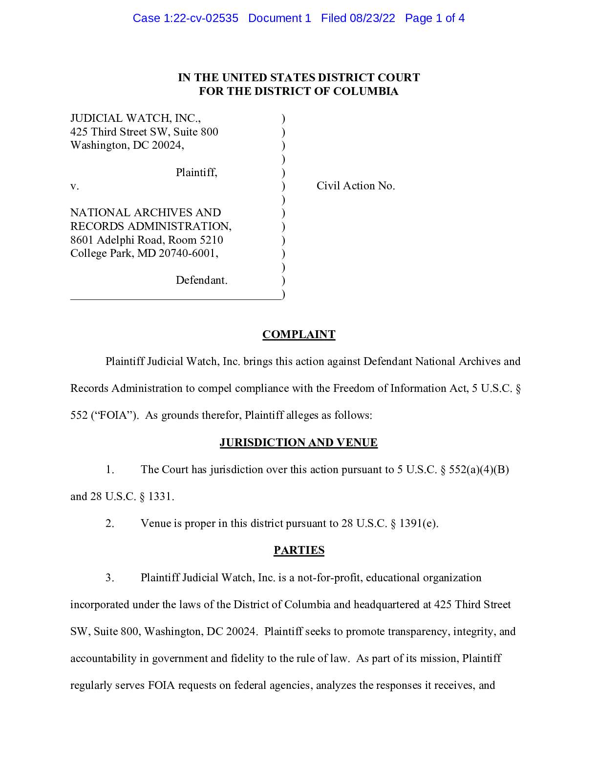 JW v NARA DOJ Referral Complaint 02535