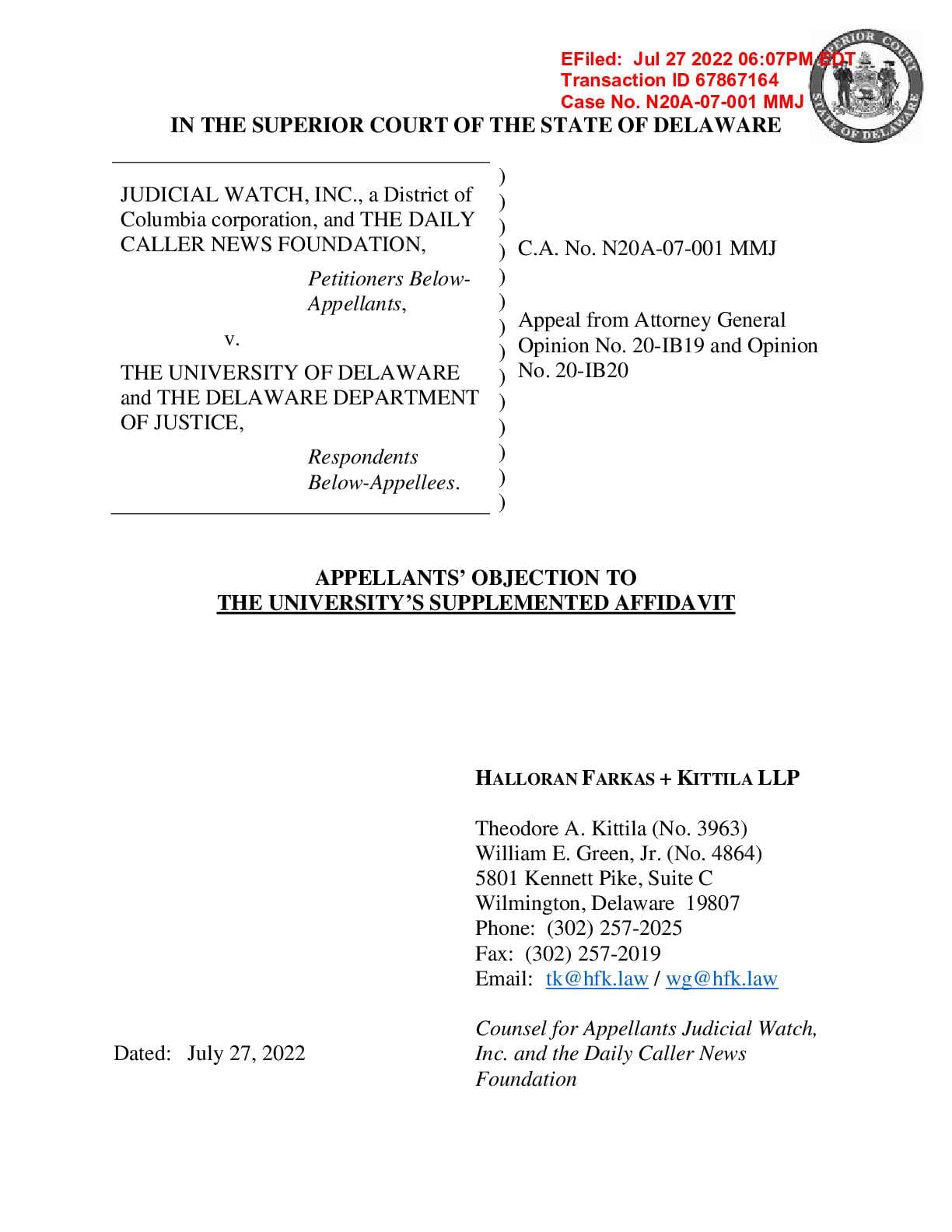 JW v U Del Biden Docs Objection 001