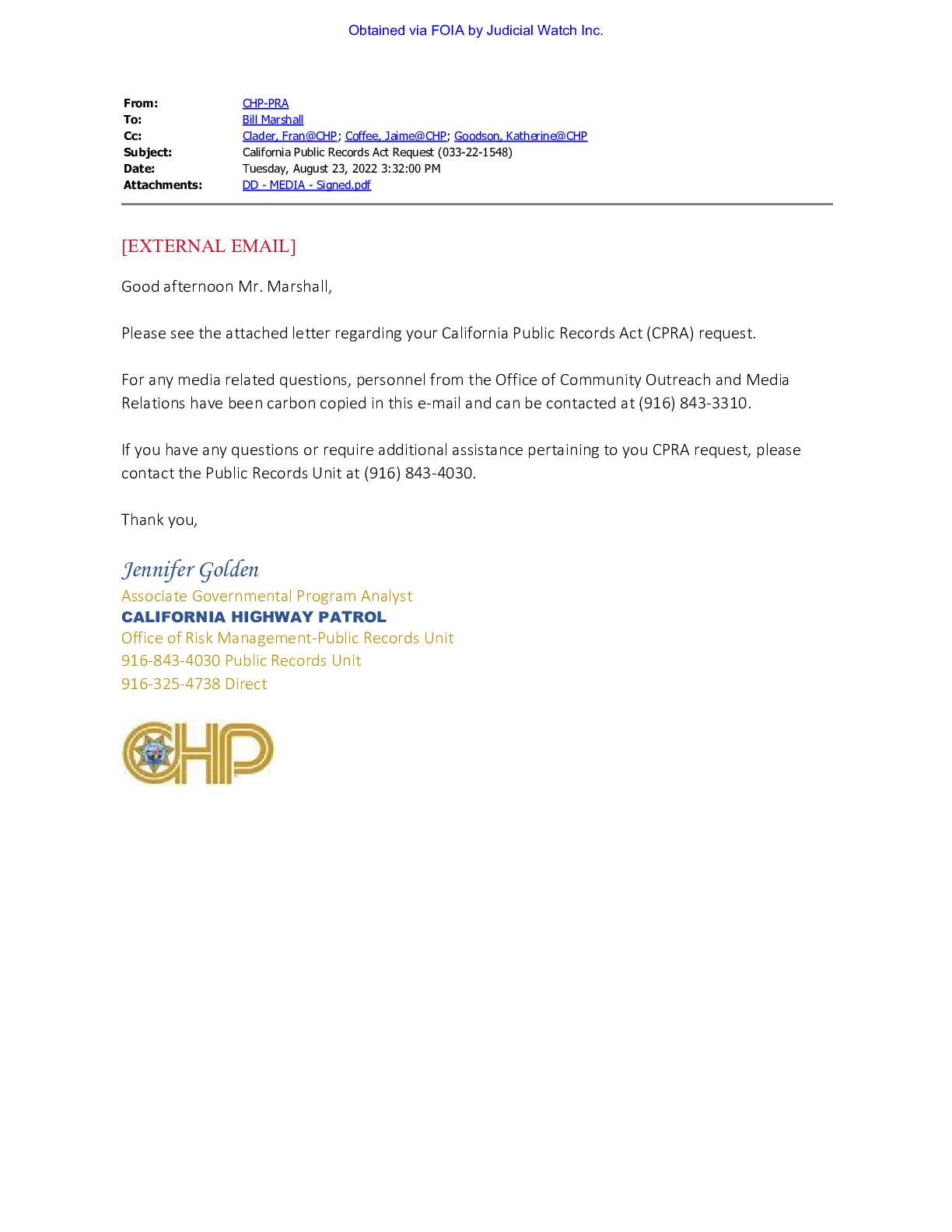 Paul Pelosi CA Public Records Act Written Reports September 2022