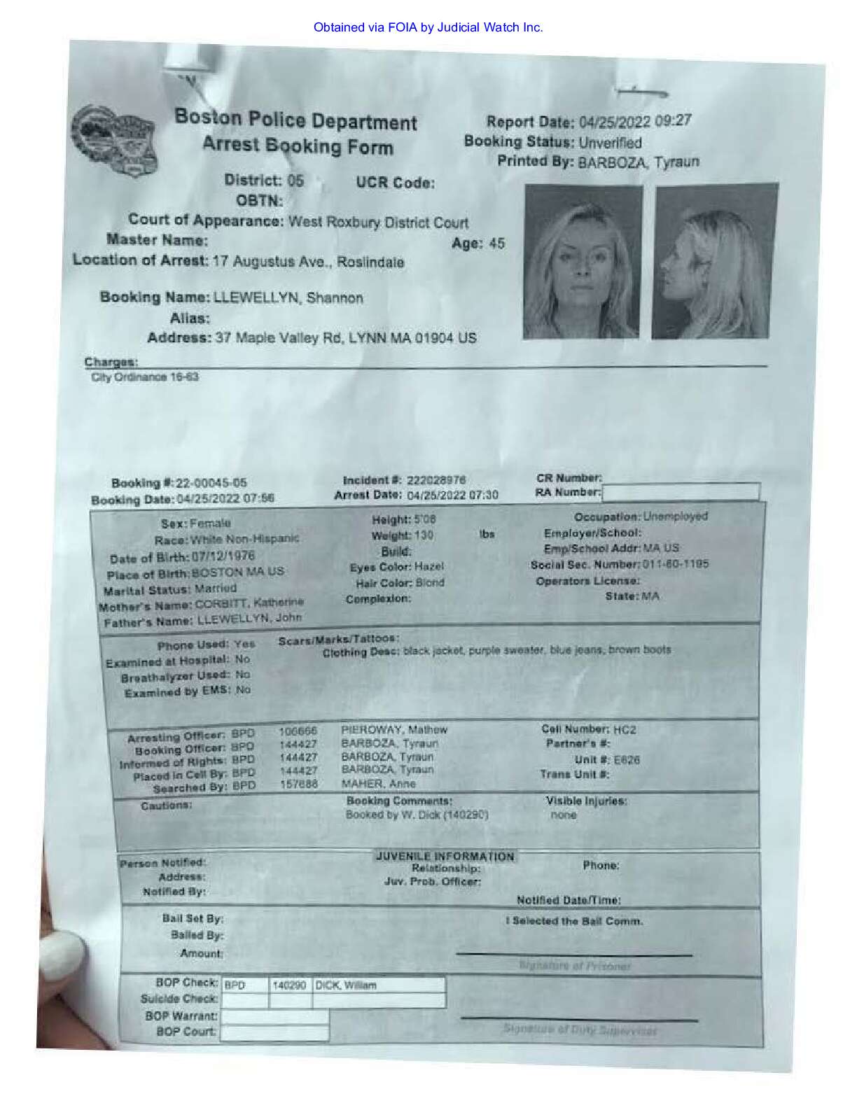 Boston Police Llewwellyn Booking 01802