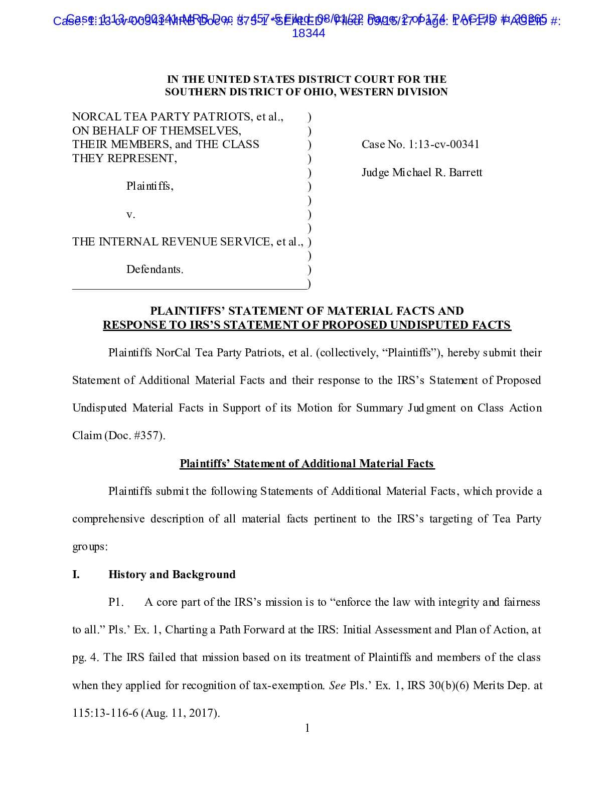NorCal Tea Party v IRS Previously Sealed Docs 00341 pgs 235-407