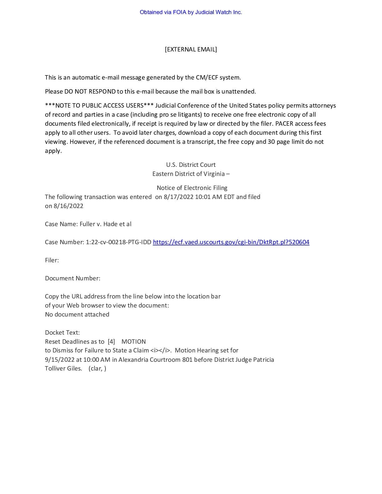 Elizabeth Fuller v. Karl R. Hade order 00218