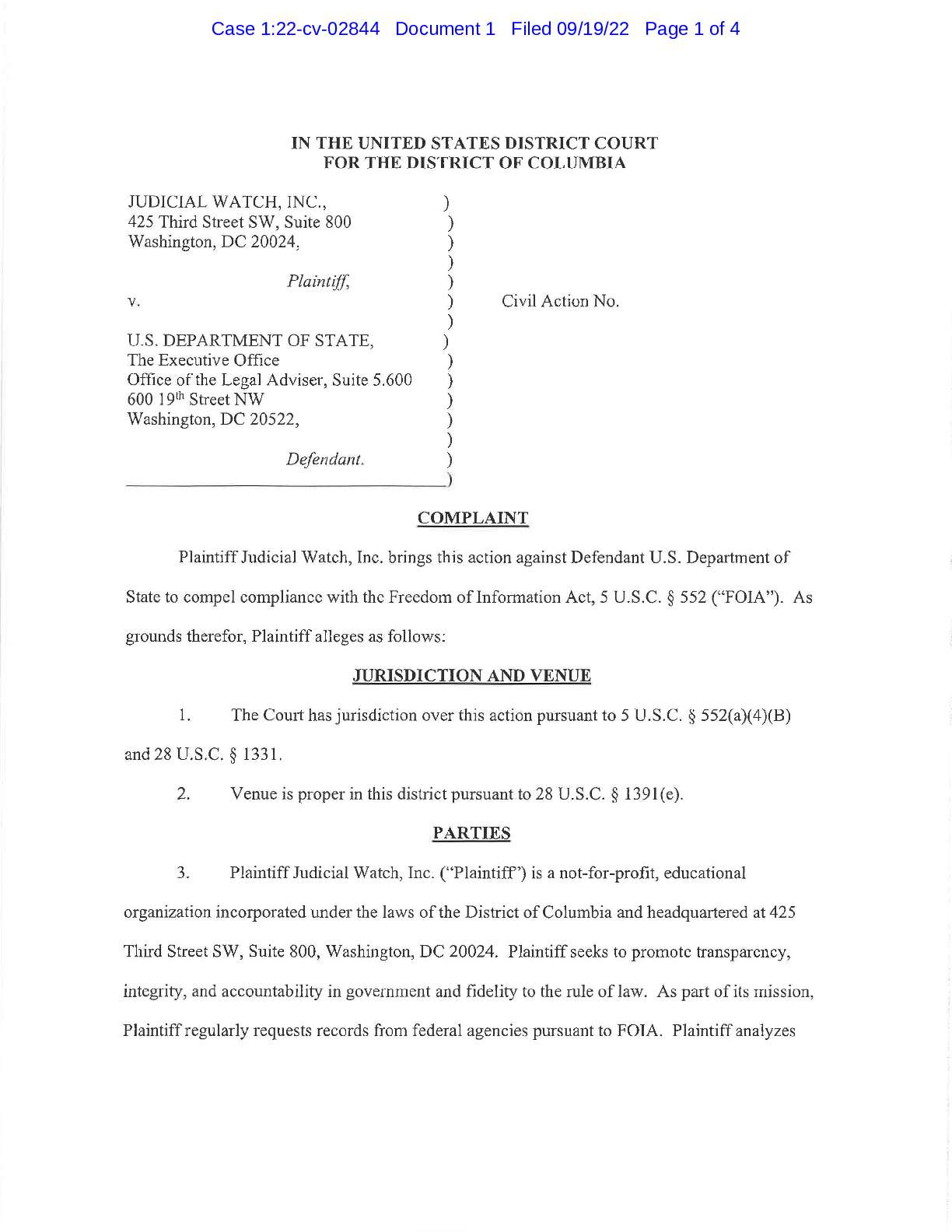 Judicial Watch v State John Kerry costs complaint 02844